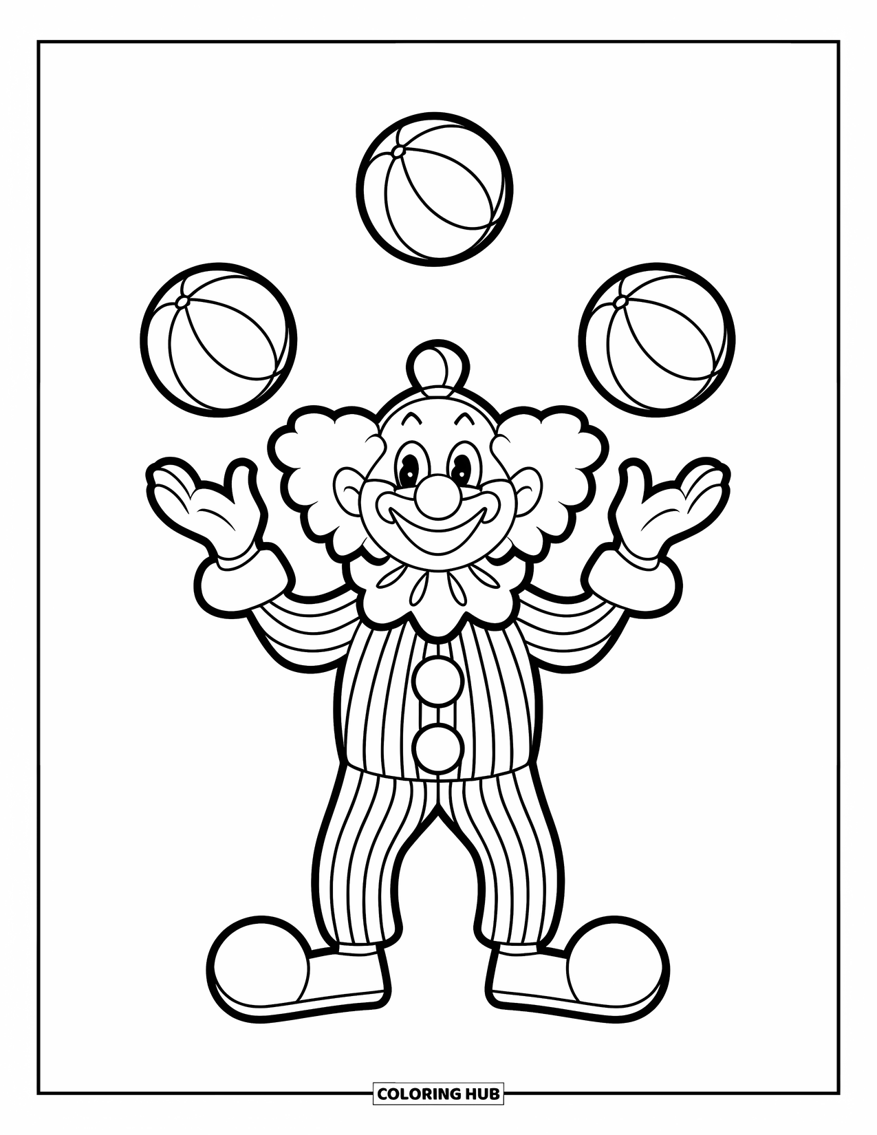 Clown Coloring Page for Kids: A happy clown in stripes juggles three balls with a big grin