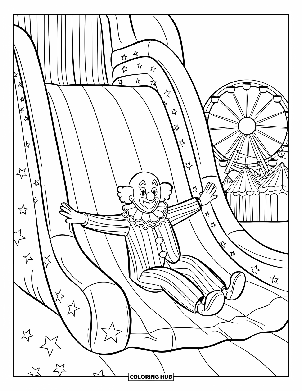 Clown Coloring Page for Kids: A happy clown rides a star-patterned slide with carnival rides in the background