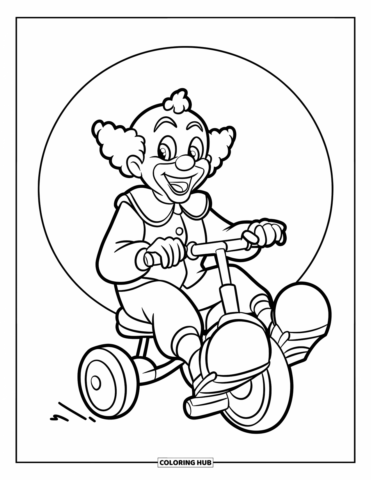 Clown Coloring Page for Kids: A joyful clown rides a tiny tricycle inside a clean white circle