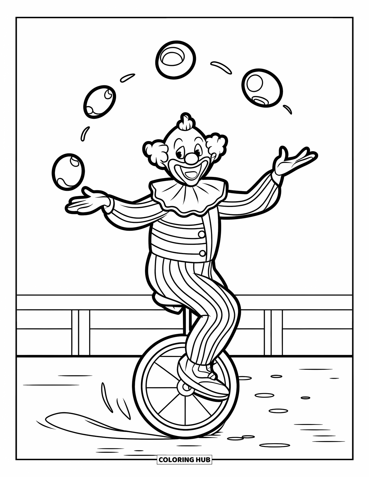 Clown Coloring Page for Kids: A juggling clown rides a unicycle with a big smile