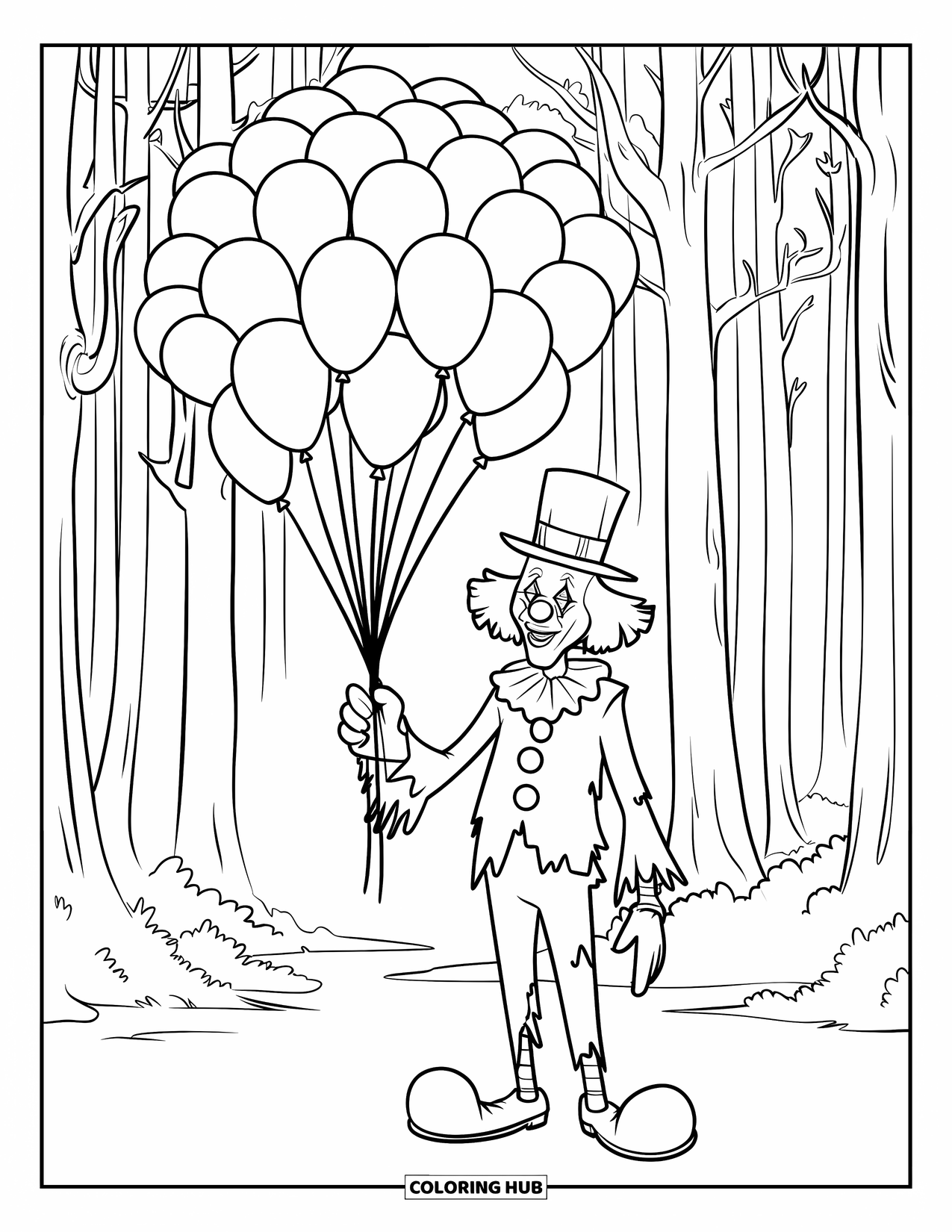 Clown Coloring Page for Kids: A lanky clown holds a floating basket of balloons in a dense forest