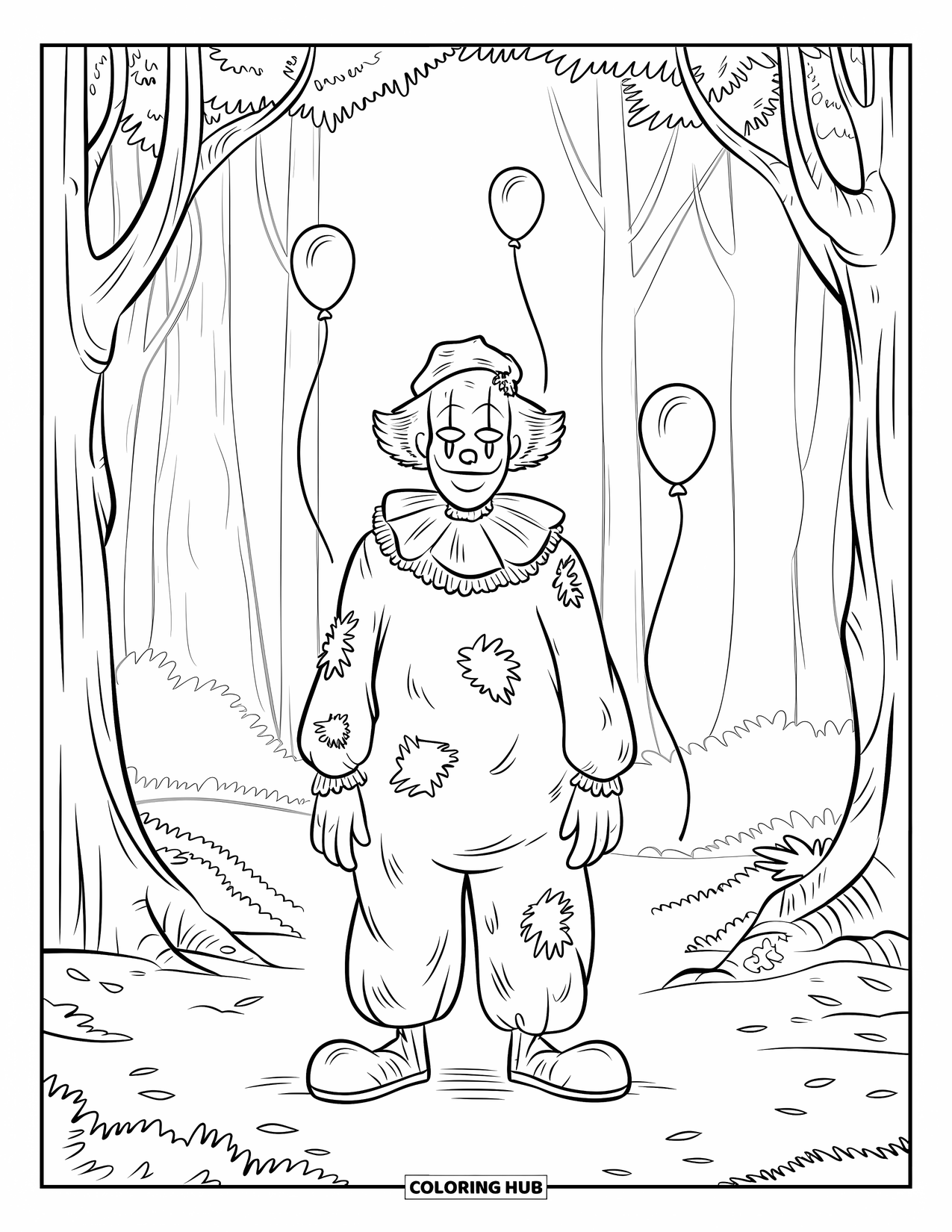 Clown Coloring Page for Kids: A pale clown in a torn suit stands among leaves with balloons floating away