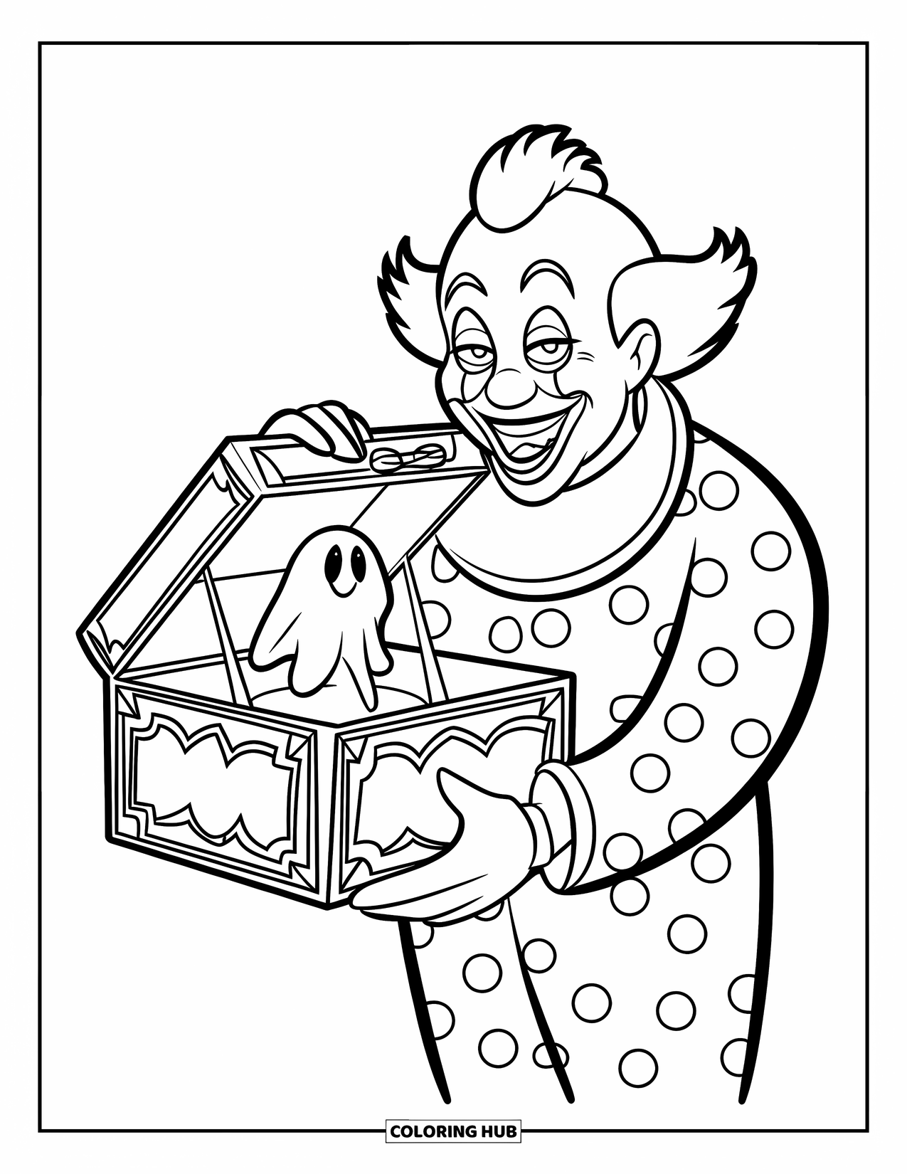 Clown Coloring Page for Kids: A red-haired clown laughs while holding a spooky jack-in-the-box