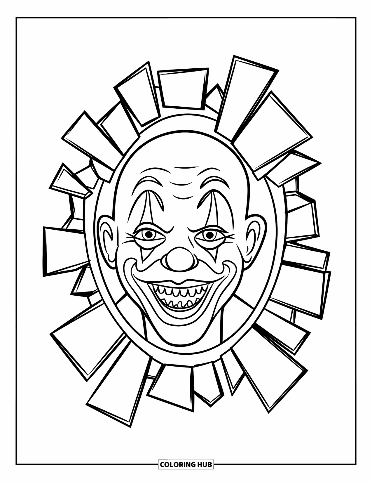 Clown Coloring Page for Kids: A sharp-toothed clown face stares back from a cracked mirror frame