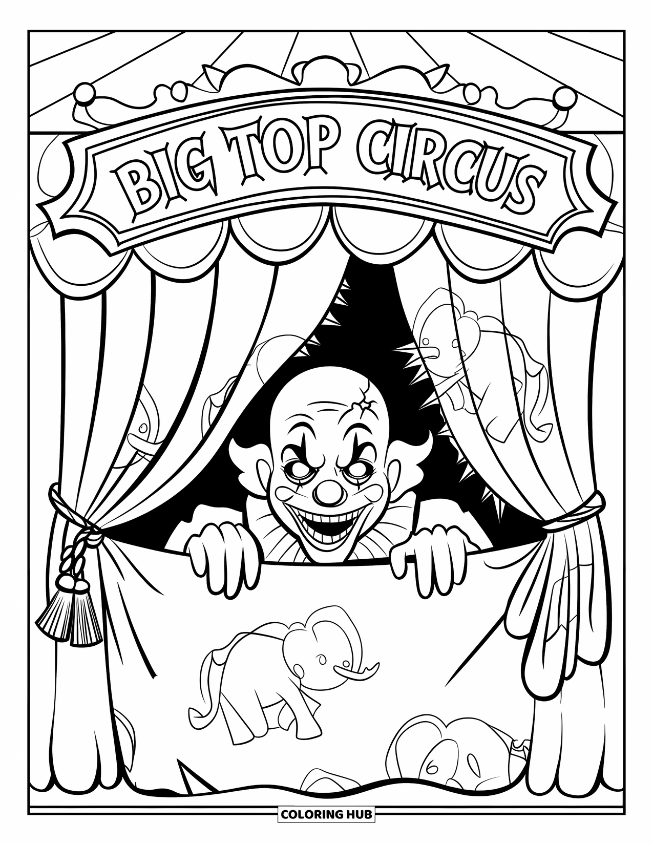 Clown Coloring Page for Kids: A sinister clown peeks from behind a tattered curtain with circus patterns