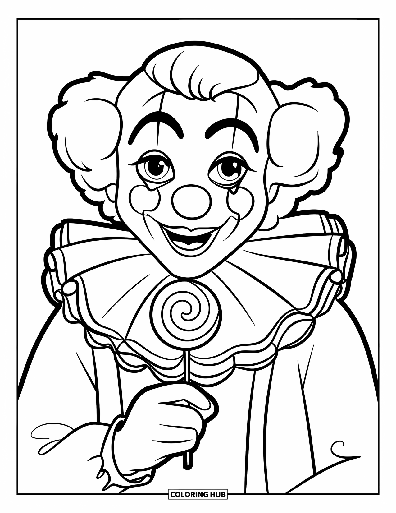 Clown Coloring Page for Kids: A smiling clown with big eyes holds a giant lollipop