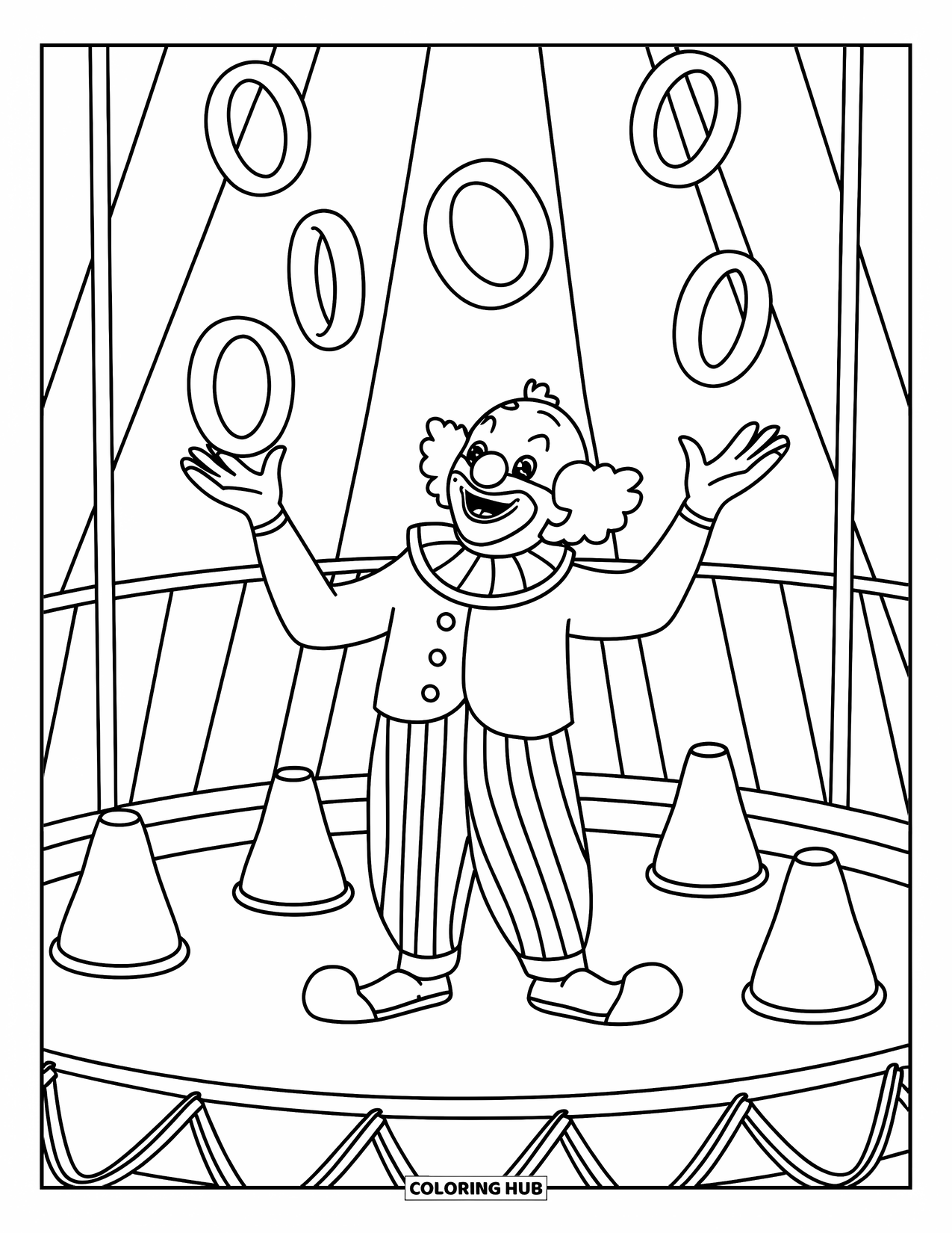 Clown Coloring Page for Kids: A striped clown aims rings at cones inside a colorful circus tent