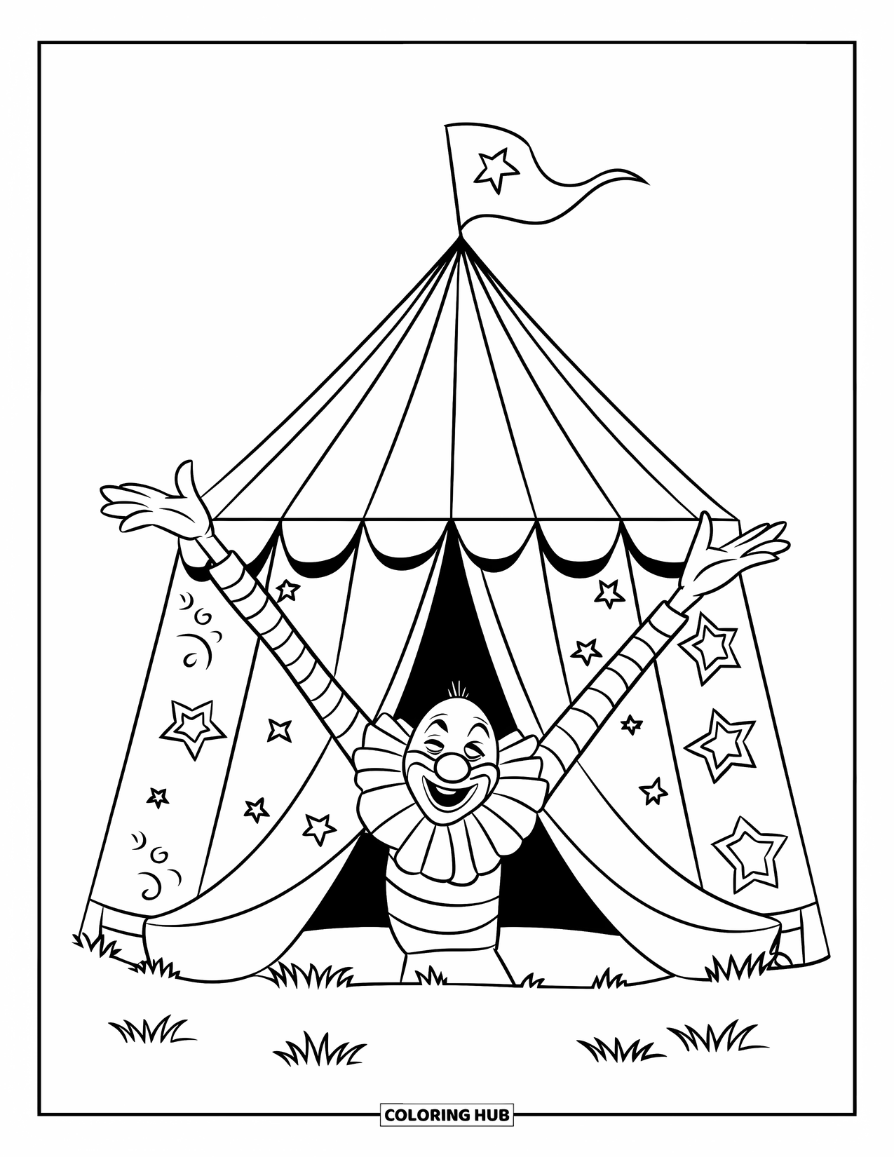 Clown Coloring Page for Kids: A striped clown stretches long arms from a tiny circus tent