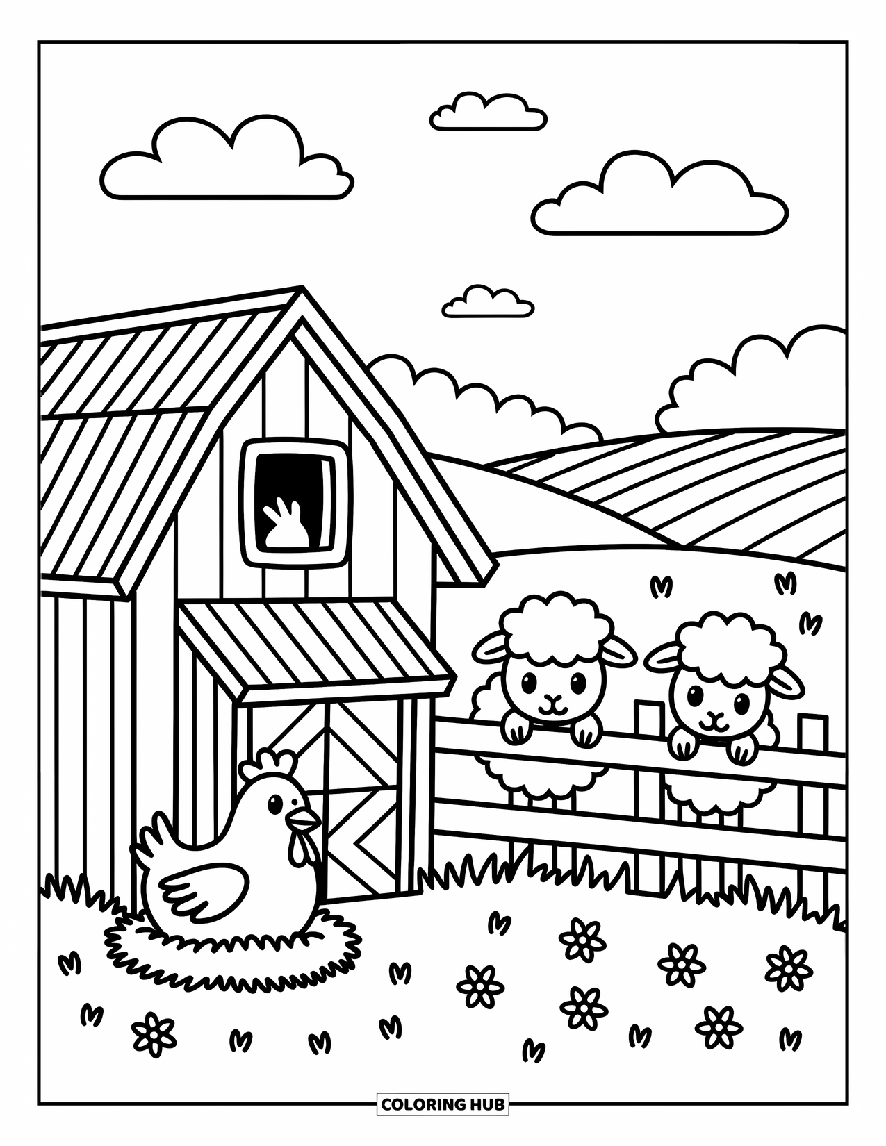 Country Coloring Page for Adults: Barnyard with sheep, wildflowers, a coop, and puffy clouds above the field