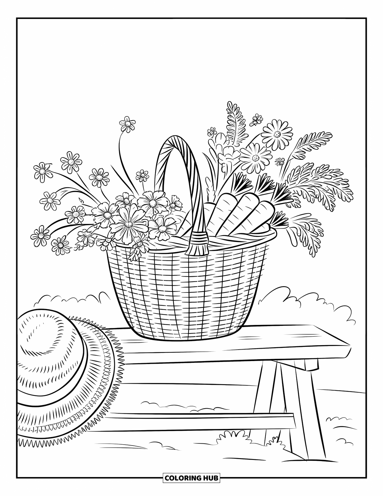 Country Coloring Page for Adults: Basket of blooms and carrots beside a straw hat on a bench