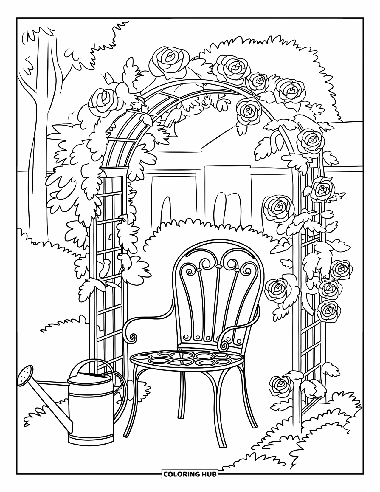 Country Coloring Page for Adults: Chair and watering can under a floral arch in a garden