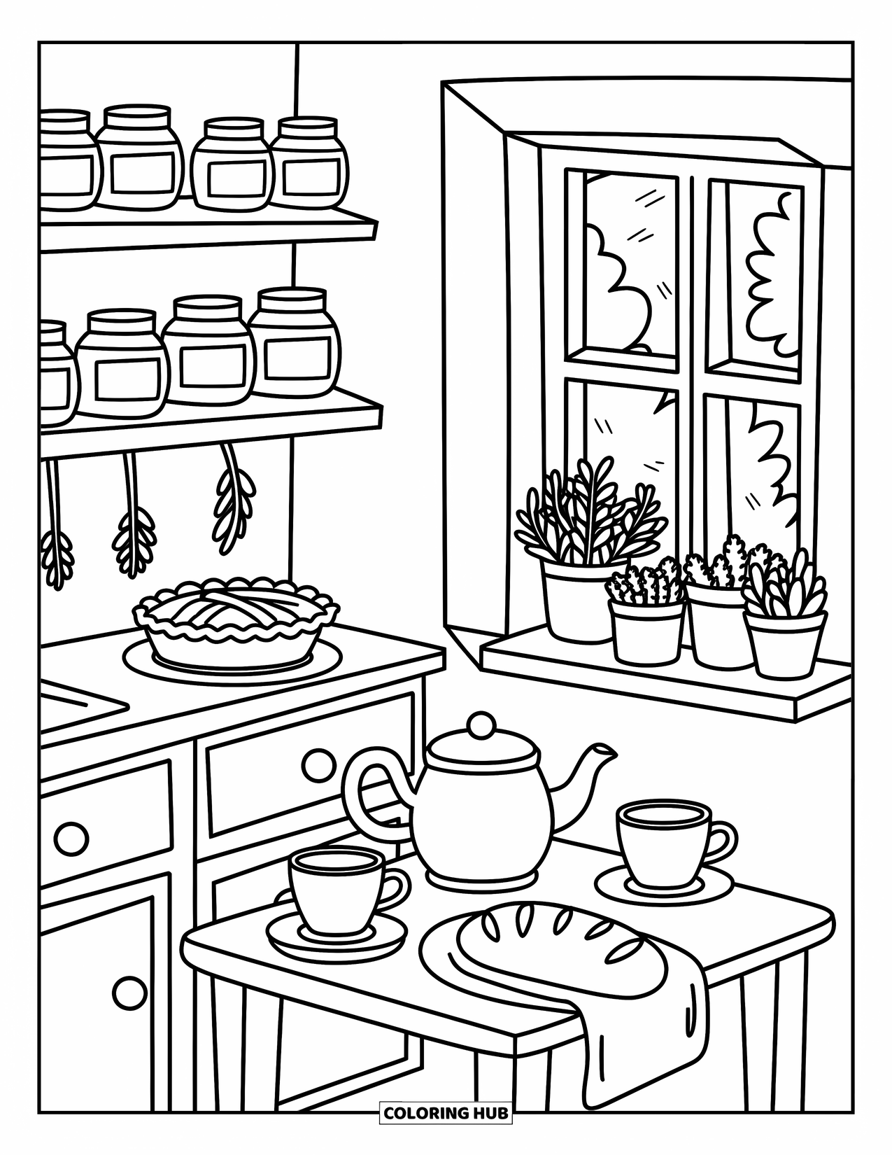 Country Coloring Page for Adults: Country kitchen with shelves of jars, a pie, teacups, and herbs by the window