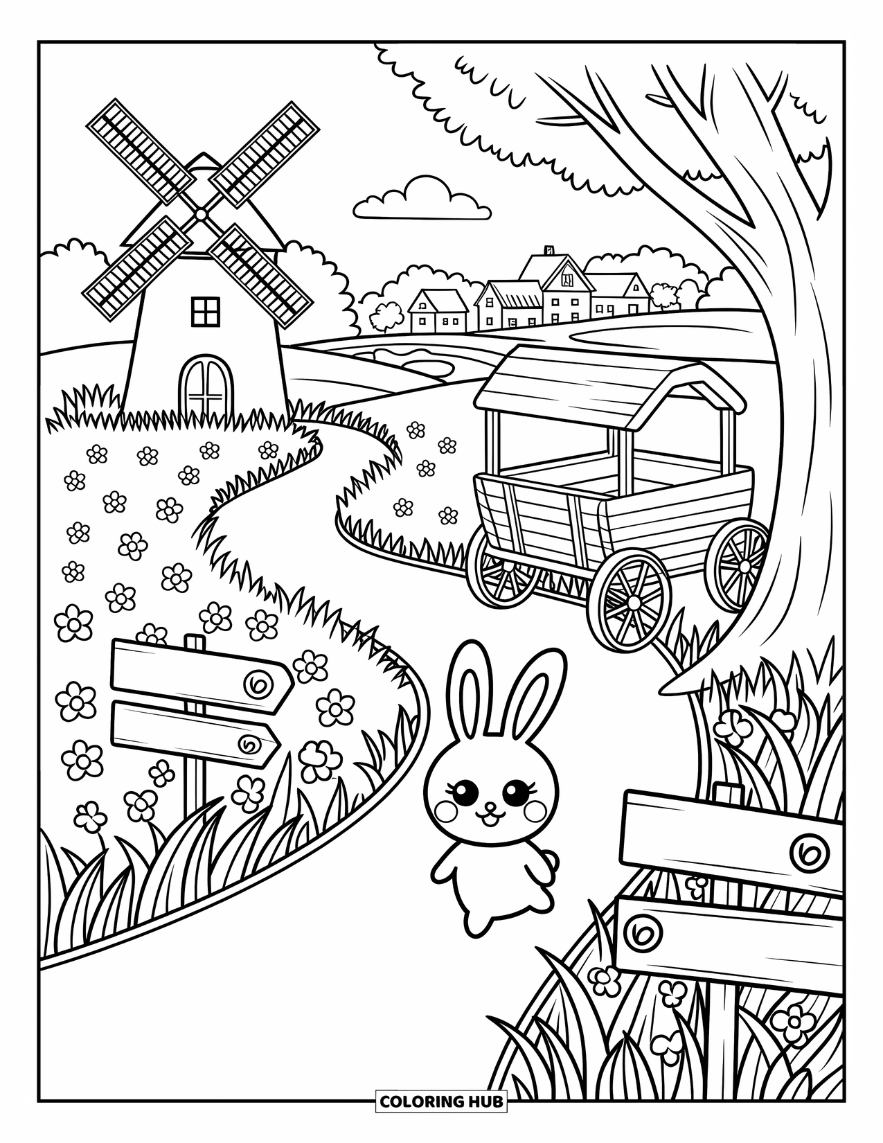 Country Coloring Page for Adults: Country trail with a cart, flowers, playful bunny, and signs to a pond