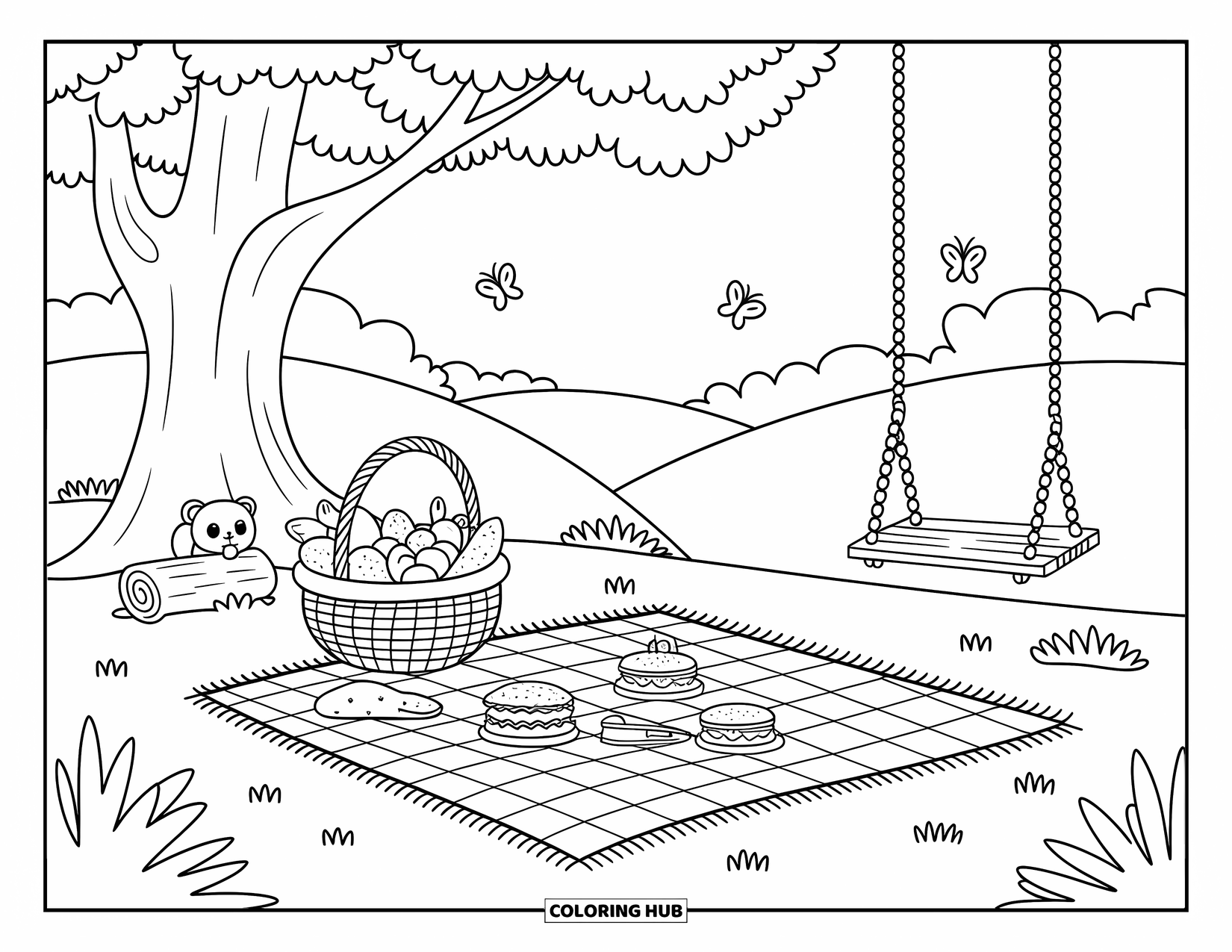 Country Coloring Page for Adults: Cozy picnic scene with fruits, a squirrel, butterflies, and a swing under a tree