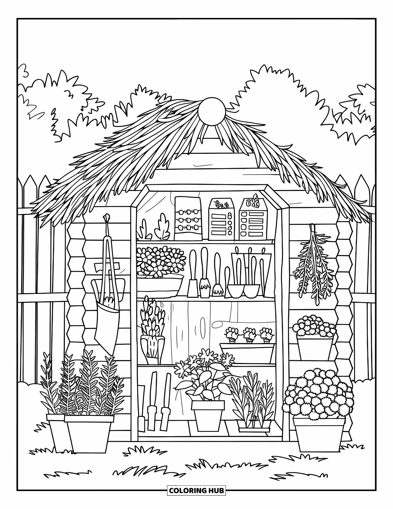 Country Coloring Page for Adults: Cozy shed with garden pots, tools, herbs, and a nearby fence