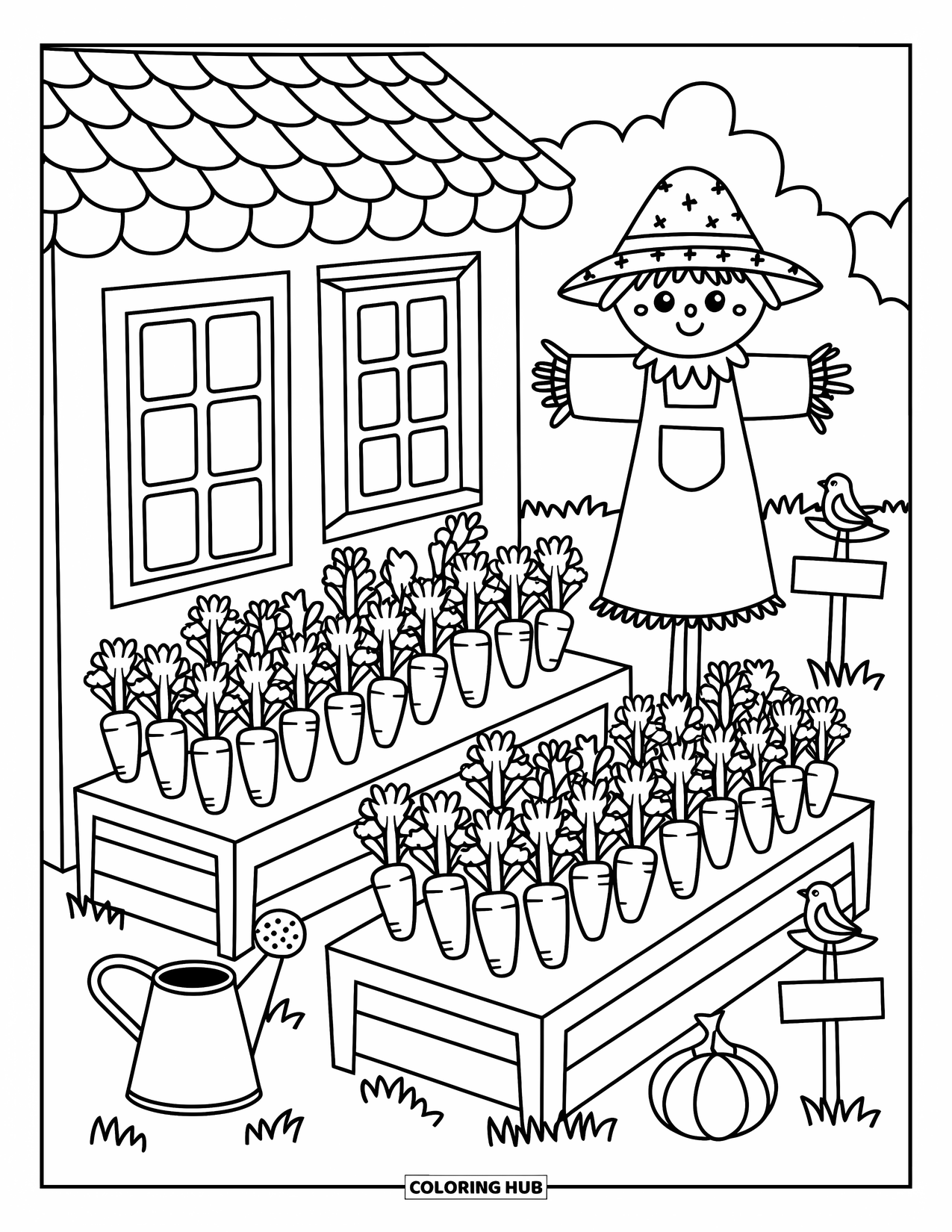 Country Coloring Page for Adults: Cute scarecrow, carrots, cabbages, and birds in a garden near a cottage