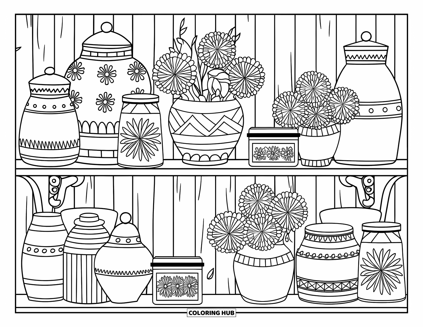 Country Coloring Page for Adults: Decorated shelf with jars, flowers, and tins set against a wooden backdrop
