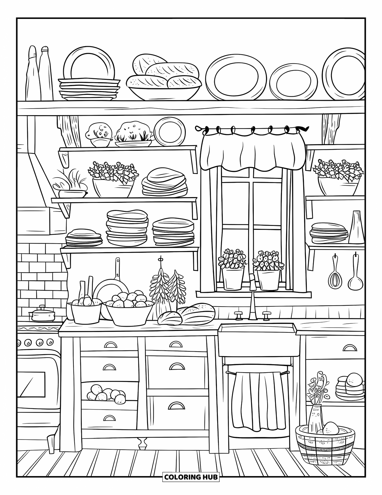 Country Coloring Page for Adults: Farmhouse kitchen with stacked dishes, bread, and potted plants on shelves