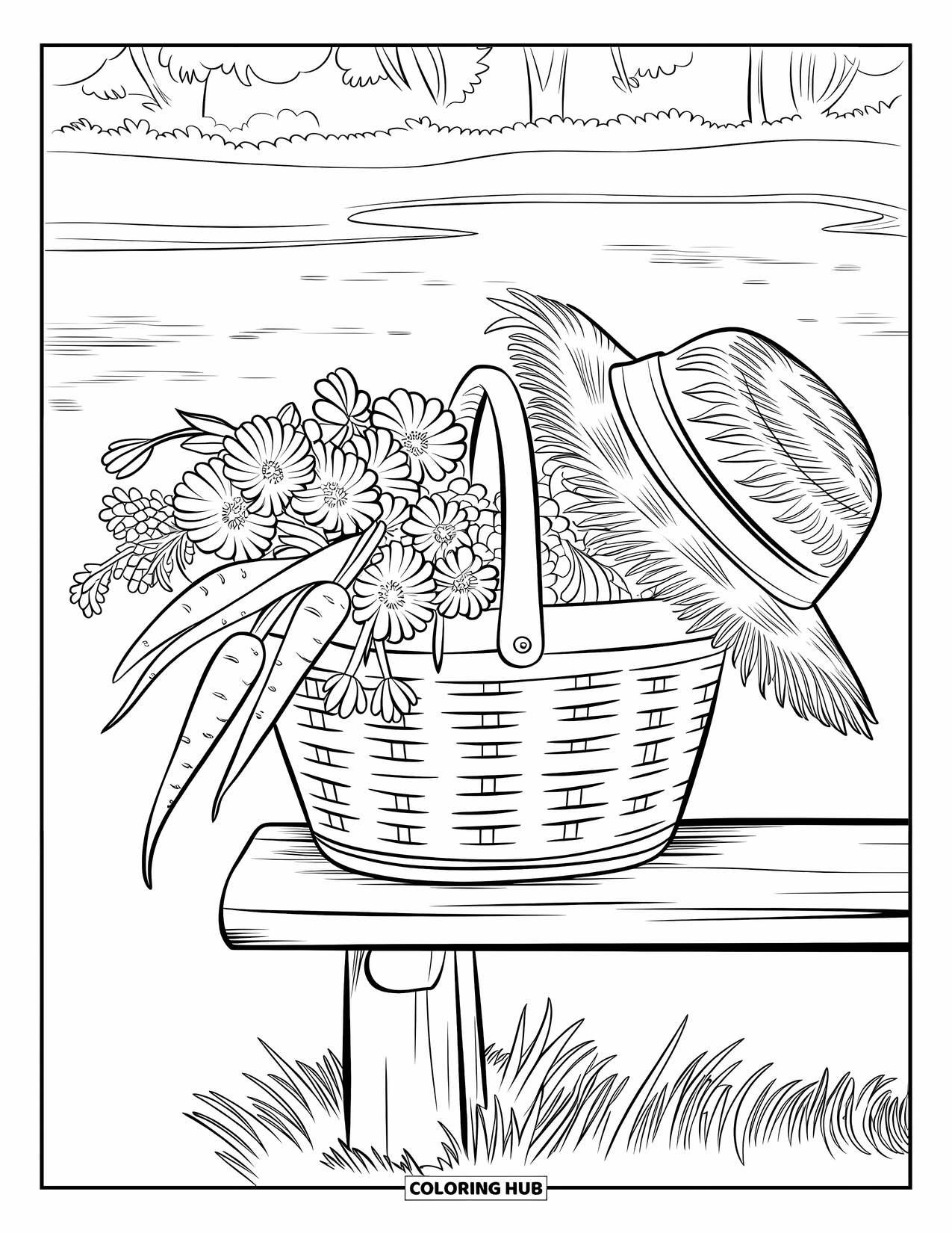 Country Coloring Page for Adults: Flowers and carrots in a basket with a straw hat by the water