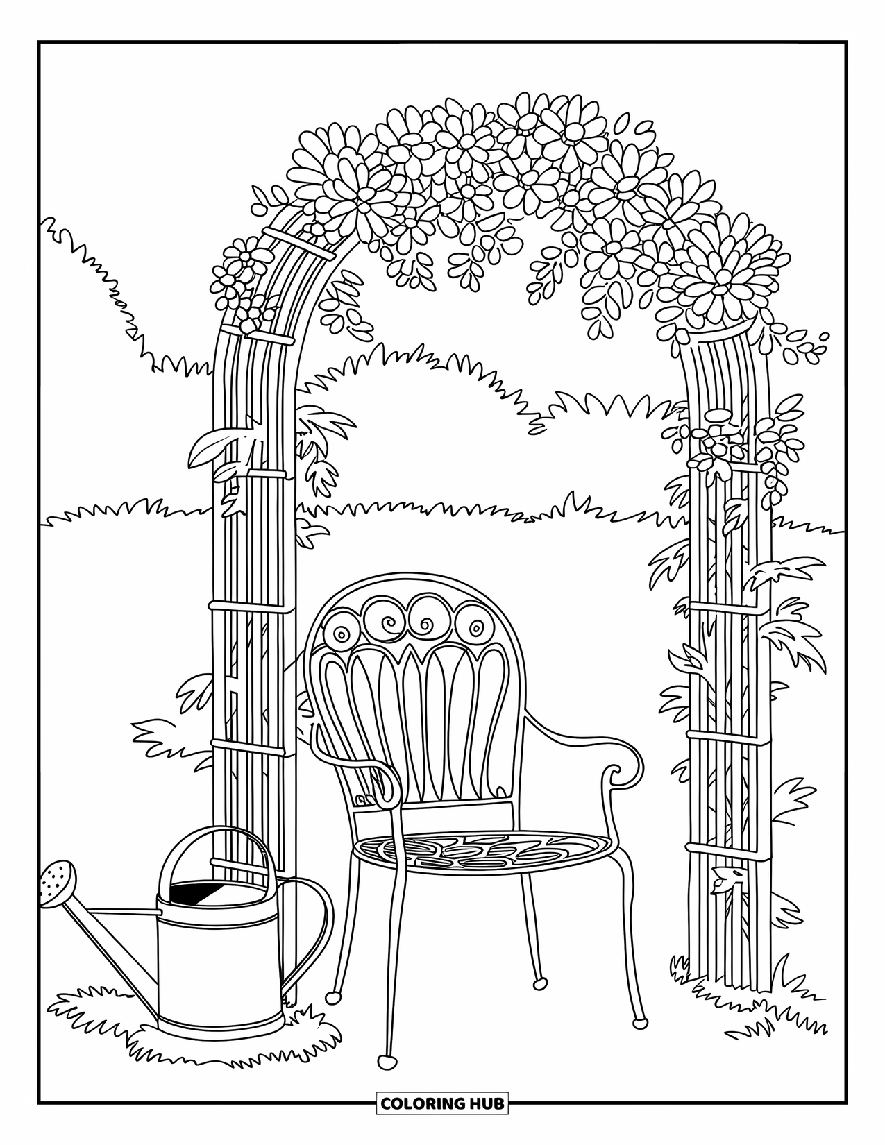 Country Coloring Page for Adults: Garden nook with a flower arch, chair, and watering can