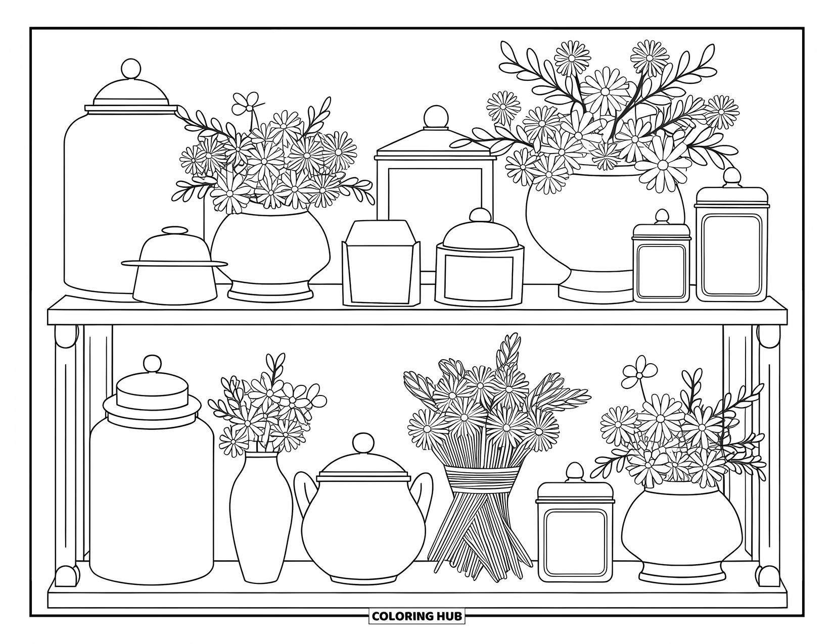 Country Coloring Page for Adults: Neatly arranged shelf with country décor, jars, and dried flower bundles