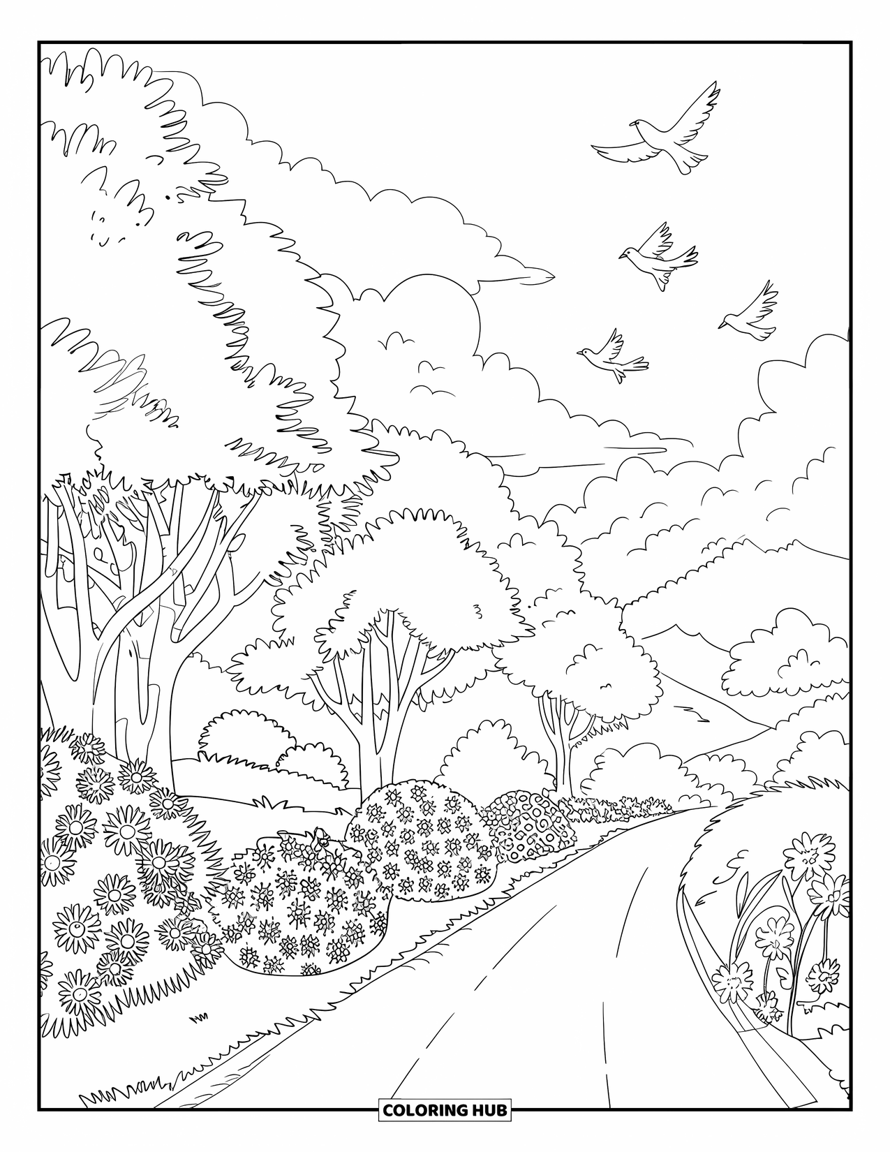 Country Coloring Page for Adults: Peaceful country road with flowers, trees, and birds soaring above