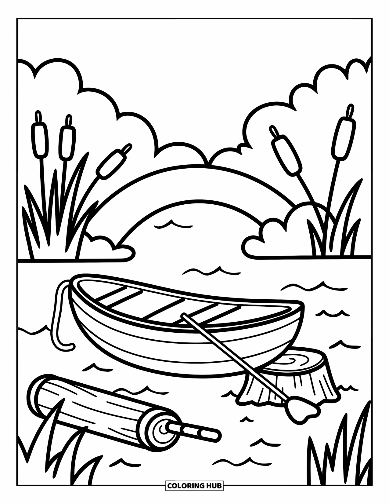Country Coloring Page for Adults: Peaceful riverbank with a rowboat, cattails, bridge, and fishing pole on a log