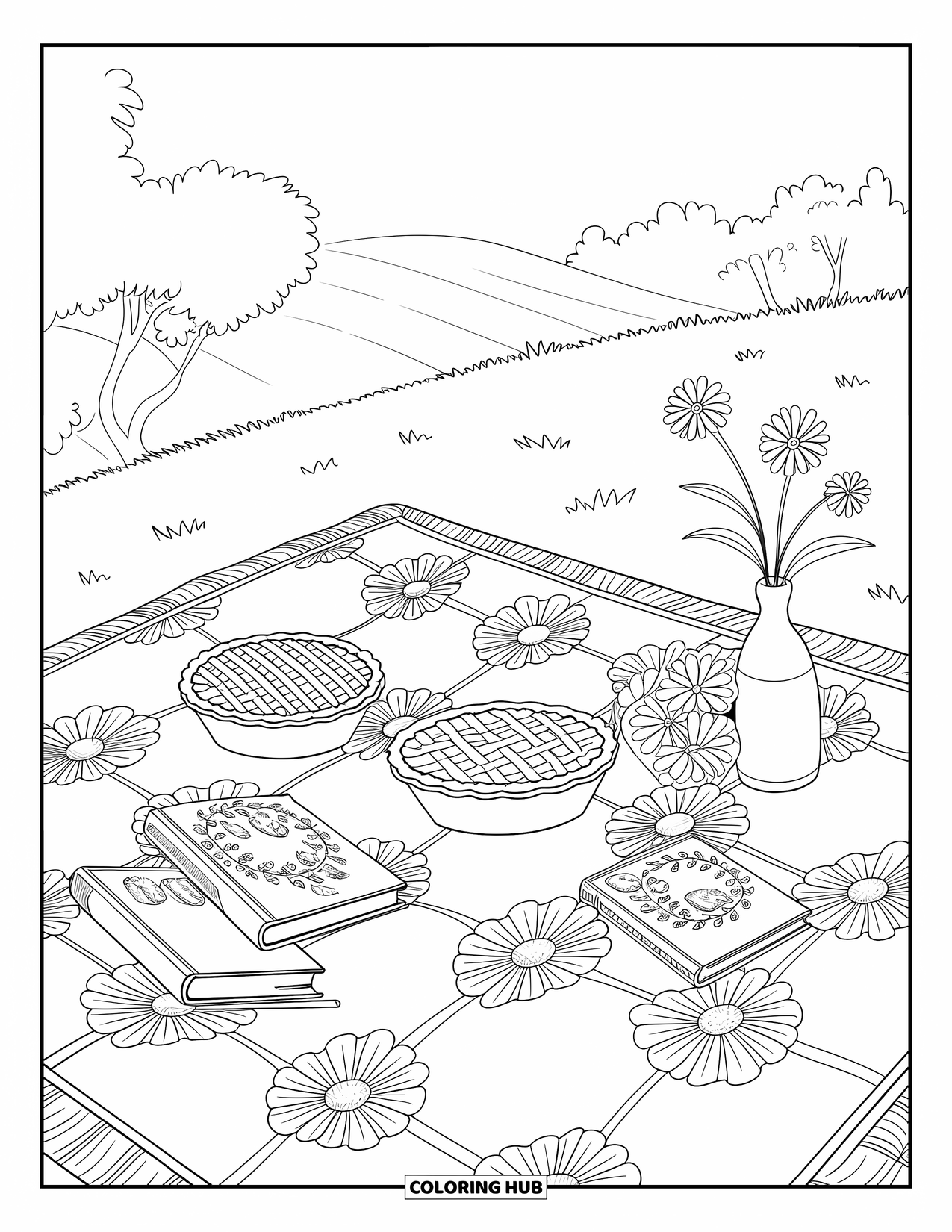 Country Coloring Page for Adults: Picnic blanket with pies, hardcover books, and flowers in a vase