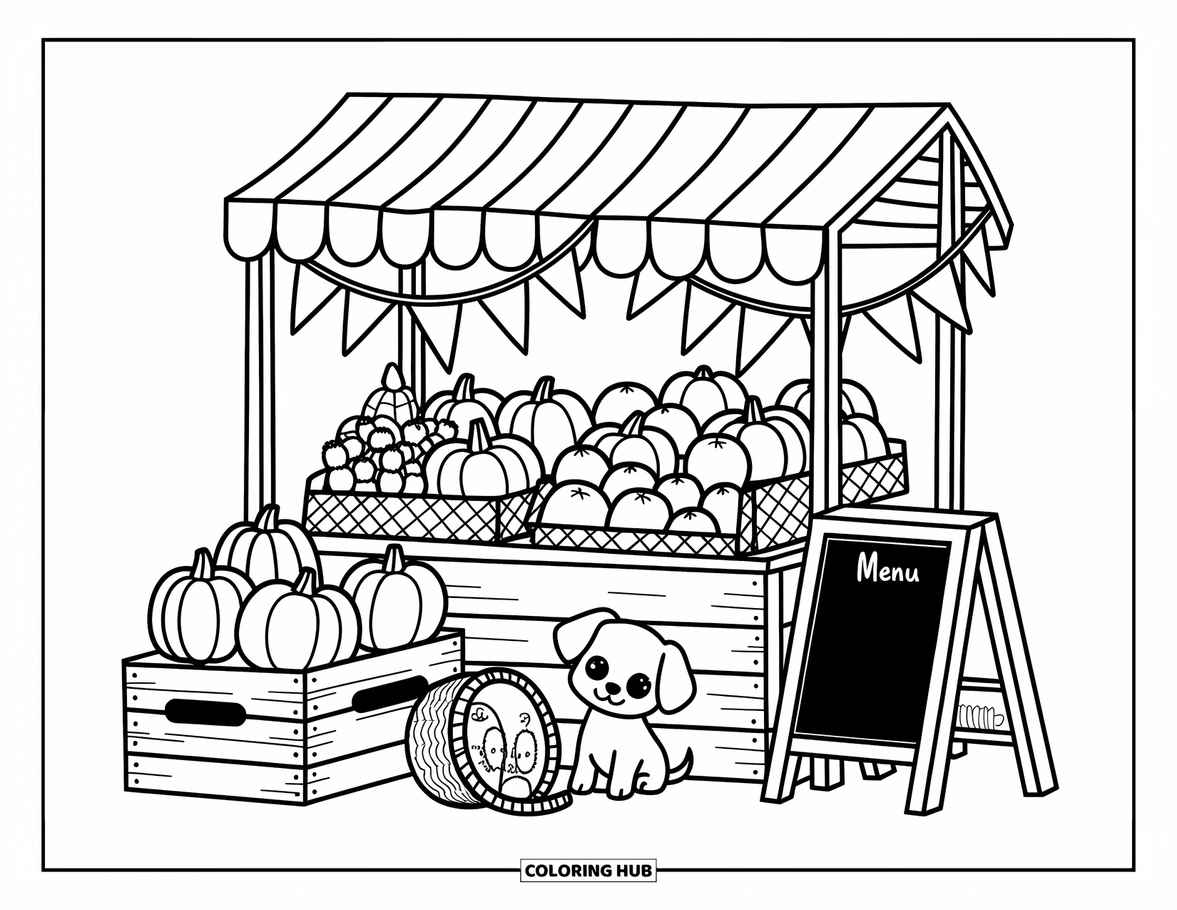 Country Coloring Page for Adults: Pumpkins and peaches at a market stand with bunting and a puppy by a basket