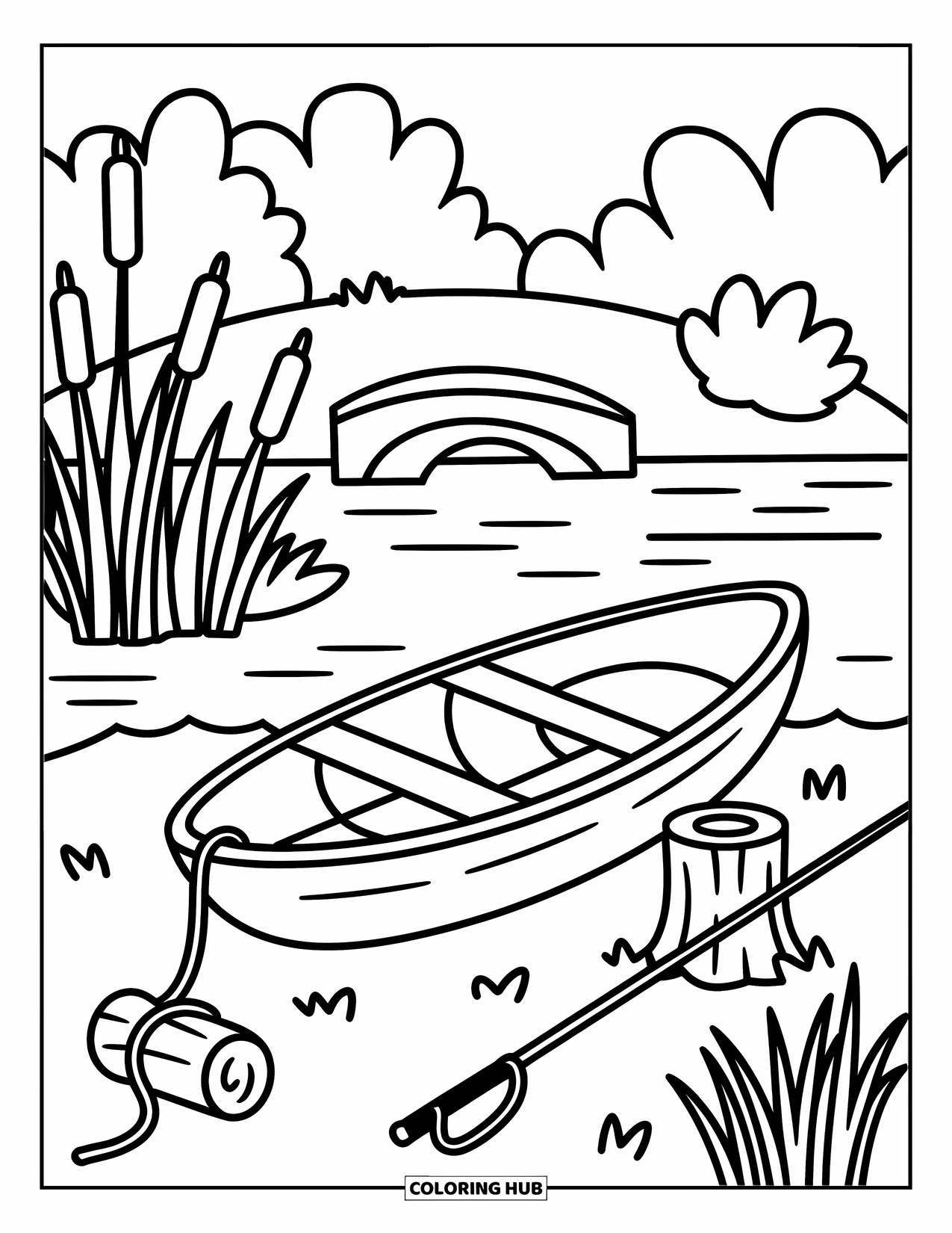 Country Coloring Page for Adults: Rowboat tied near cattails with a fishing pole and a small bridge in view