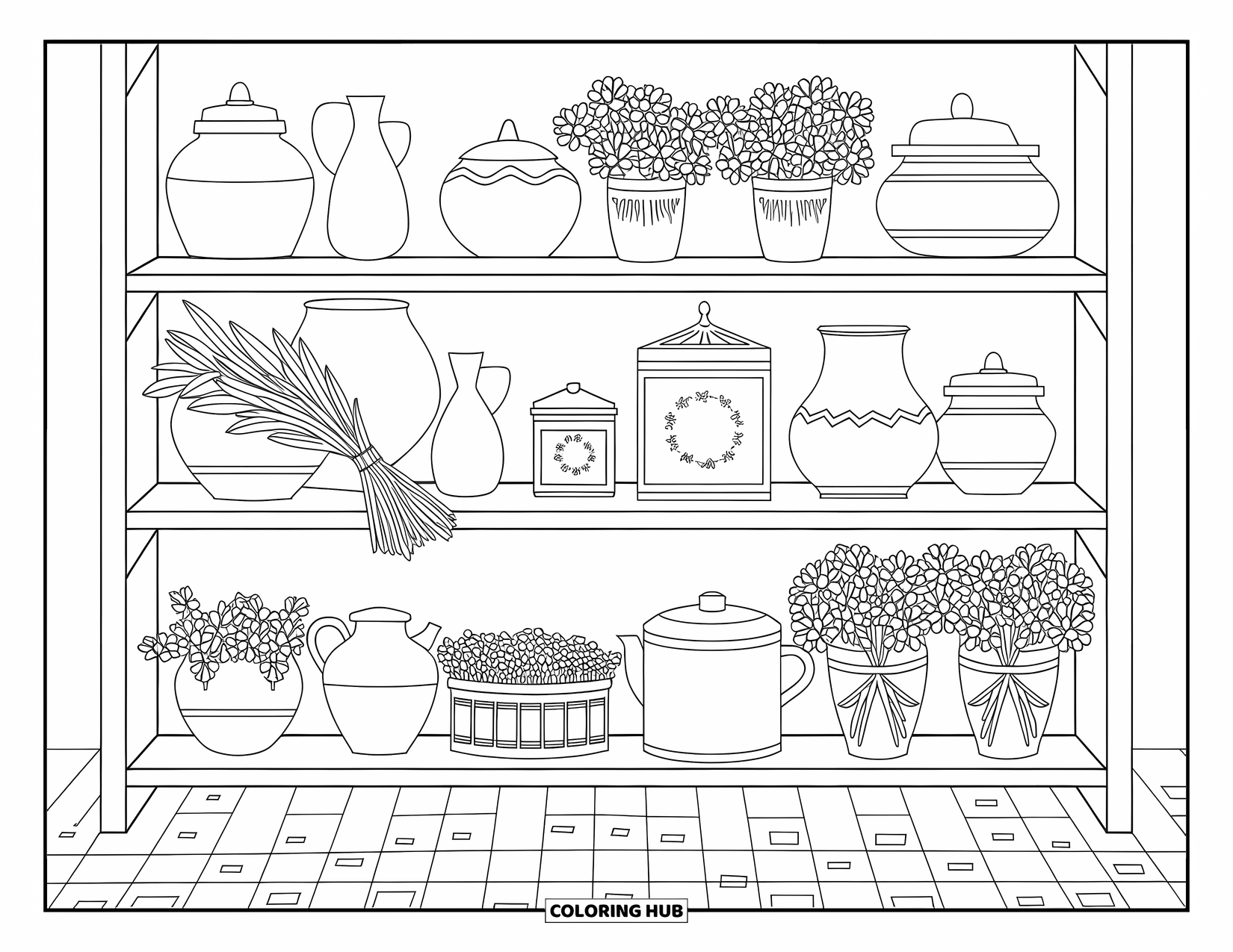 Country Coloring Page for Adults: Rustic shelf filled with jars, tea tins, and flowers over a checkered floor