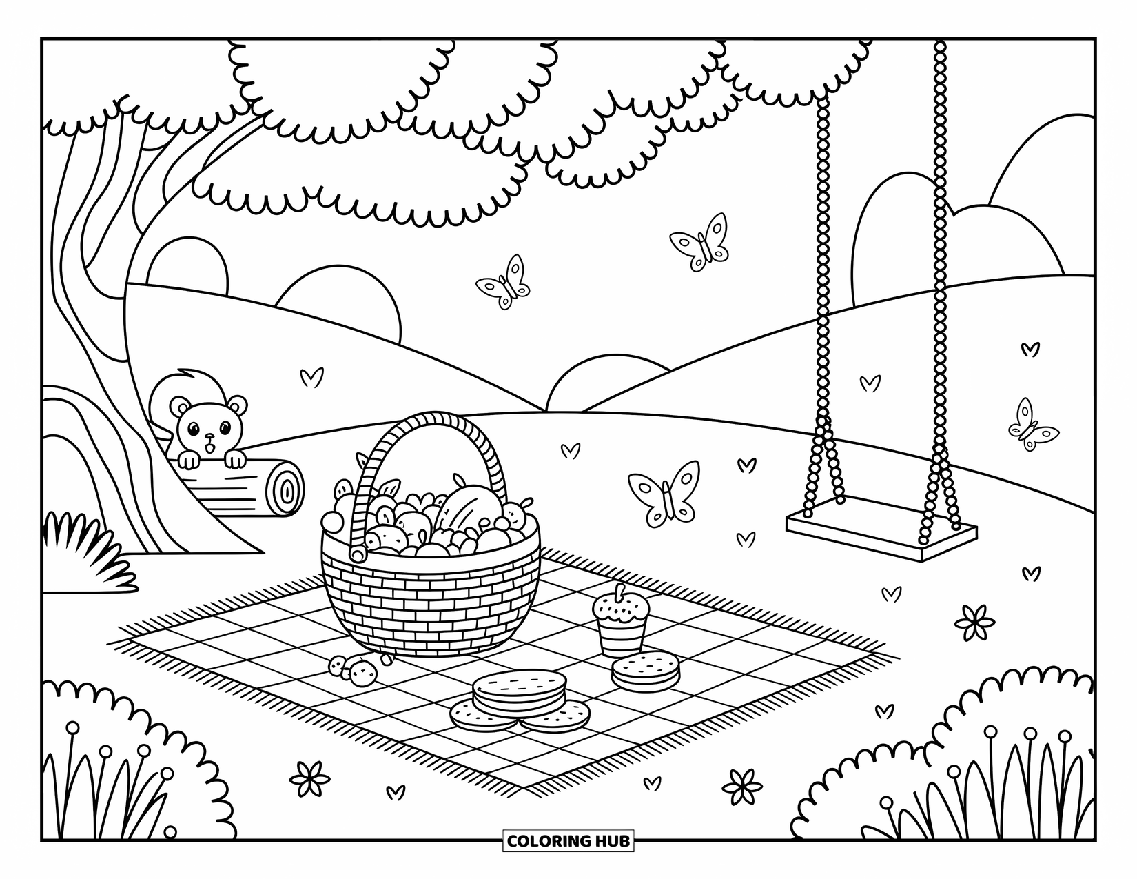 Country Coloring Page for Adults: Shady tree picnic with snacks, a squirrel, rolling hills, and fluttering butterflies