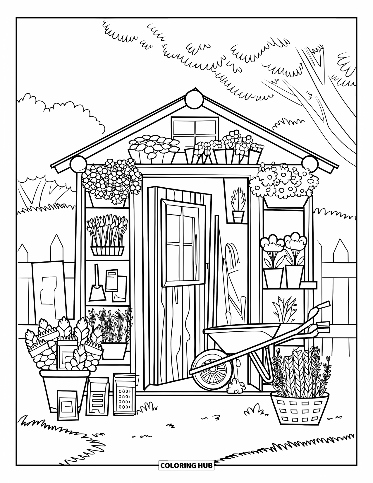 Country Coloring Page for Adults: Shed filled with tools, pots, herbs, and a windowed door