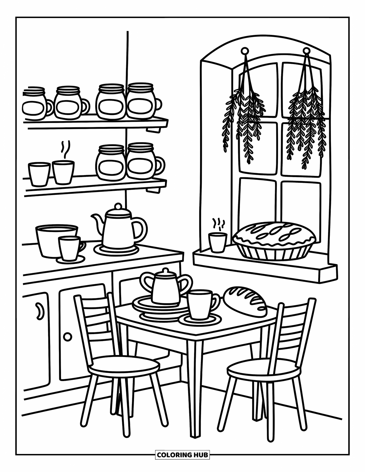 Country Coloring Page for Adults: Teacups and bread on a table with shelves of jars and a pie nearby