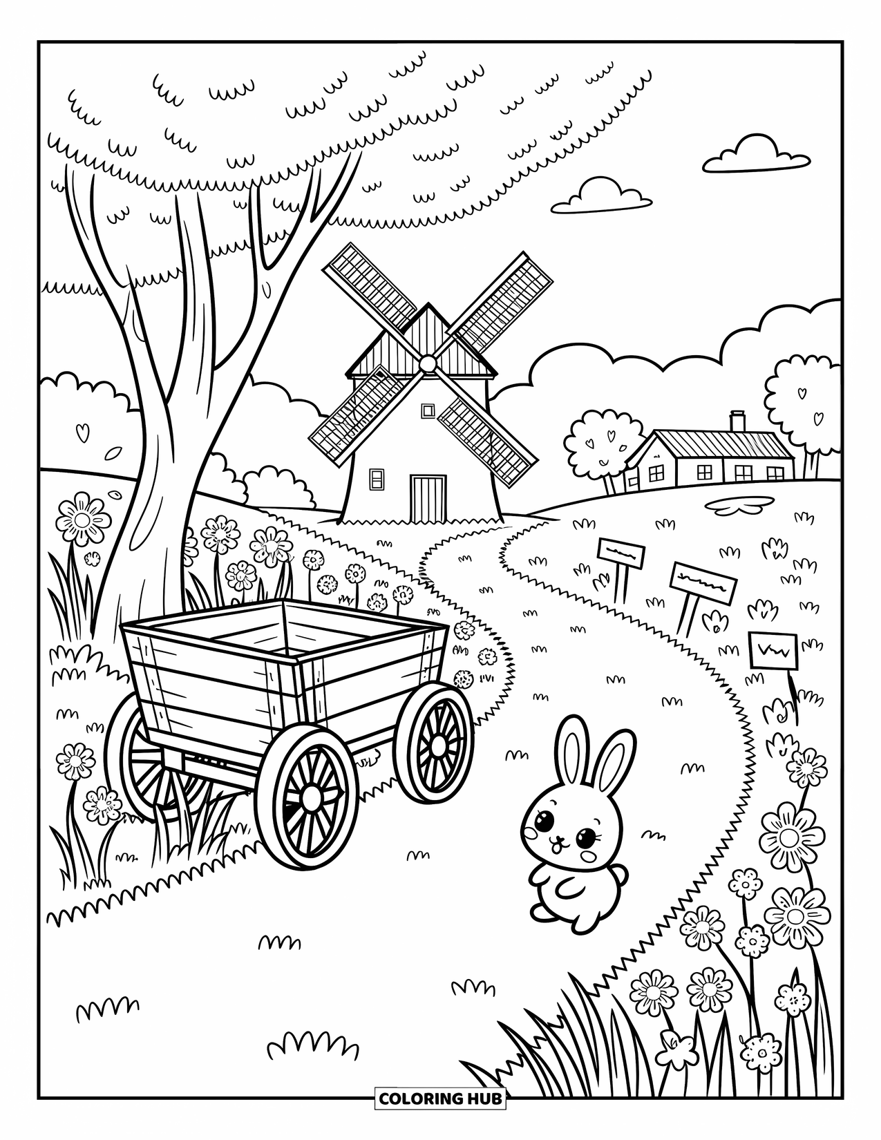 Country Coloring Page for Adults: Winding path past a windmill, bunnies, a cart, and signs to the village