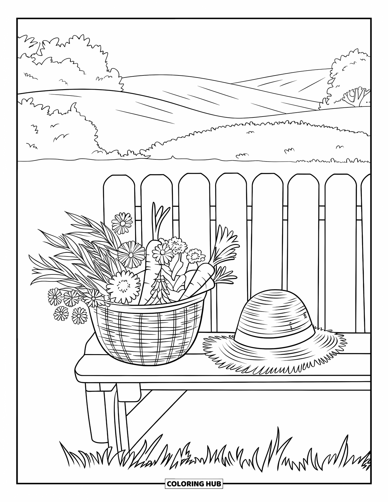 Country Coloring Page for Adults: Wooden bench with a basket of flowers, carrots, and a straw hat