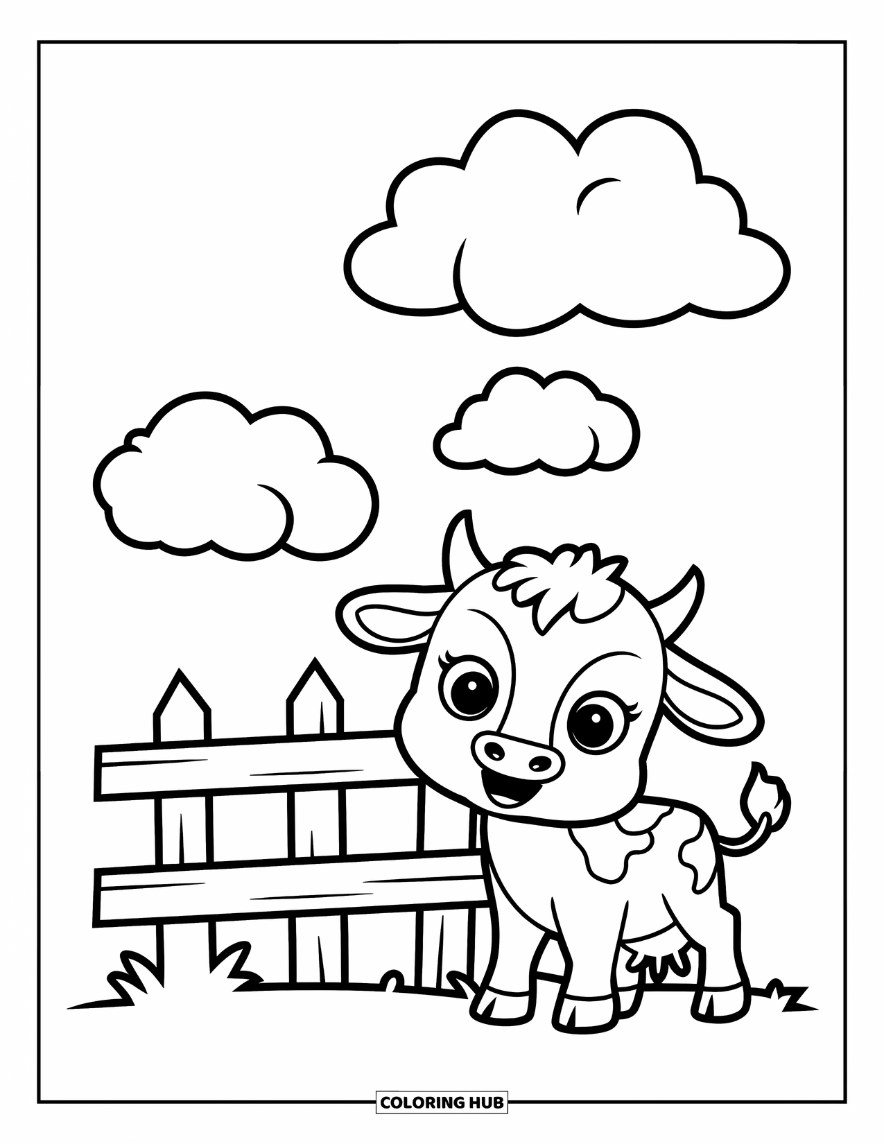 Country Coloring Page for Kids: Baby cow beside a fence, gazing up at the soft clouds