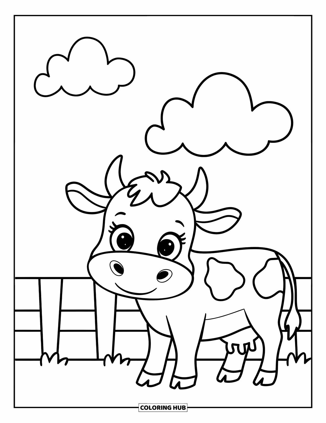 Country Coloring Page for Kids: Baby cow standing next to a wooden fence under fluffy clouds