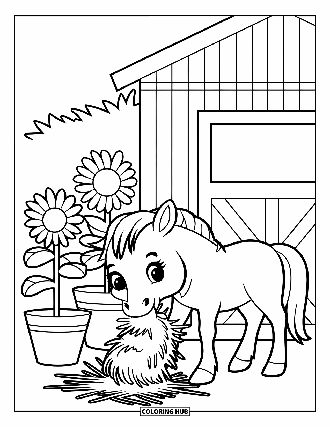 Country Coloring Page for Kids: Baby horse eating hay beside a barn with sunflowers and potted plants