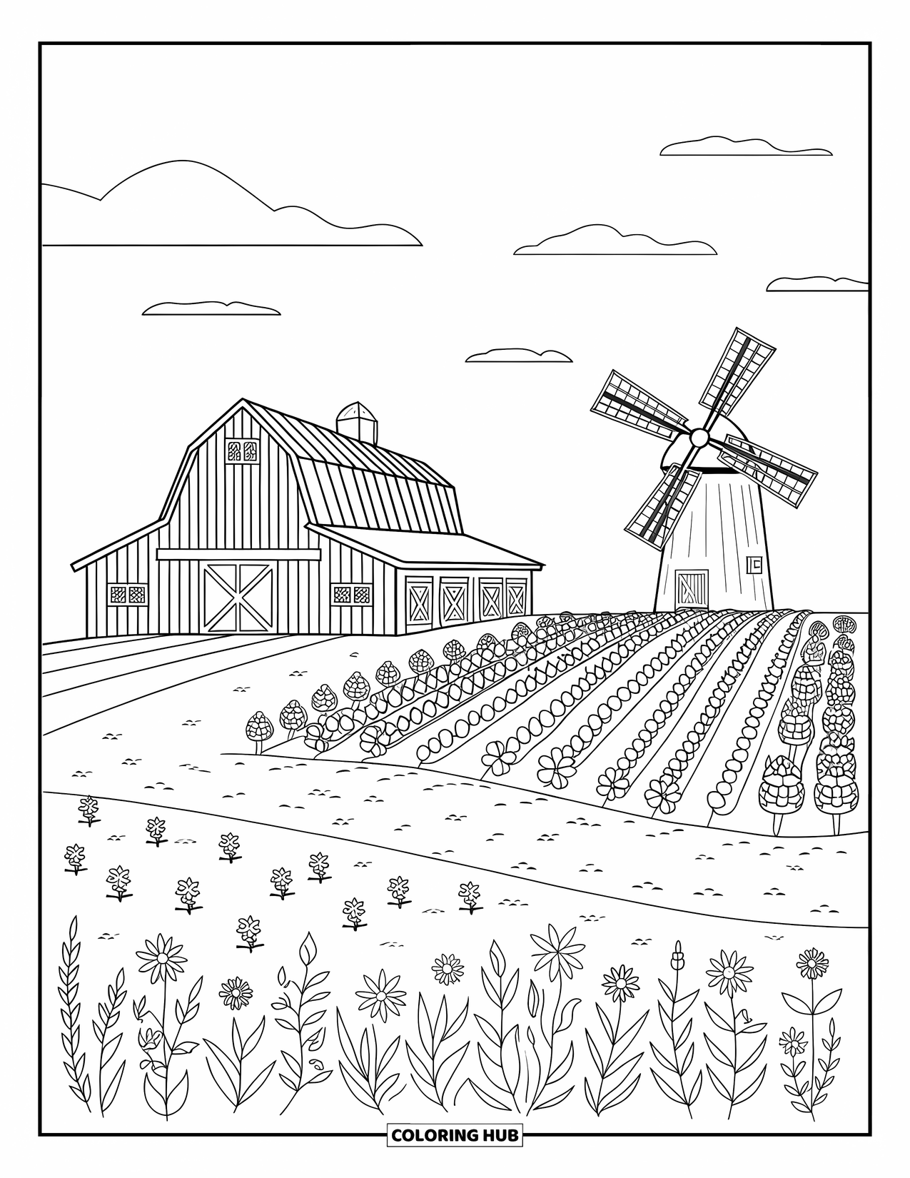 Country Coloring Page for Kids: Barn, windmill, and crops spread across a sunny field of wildflowers