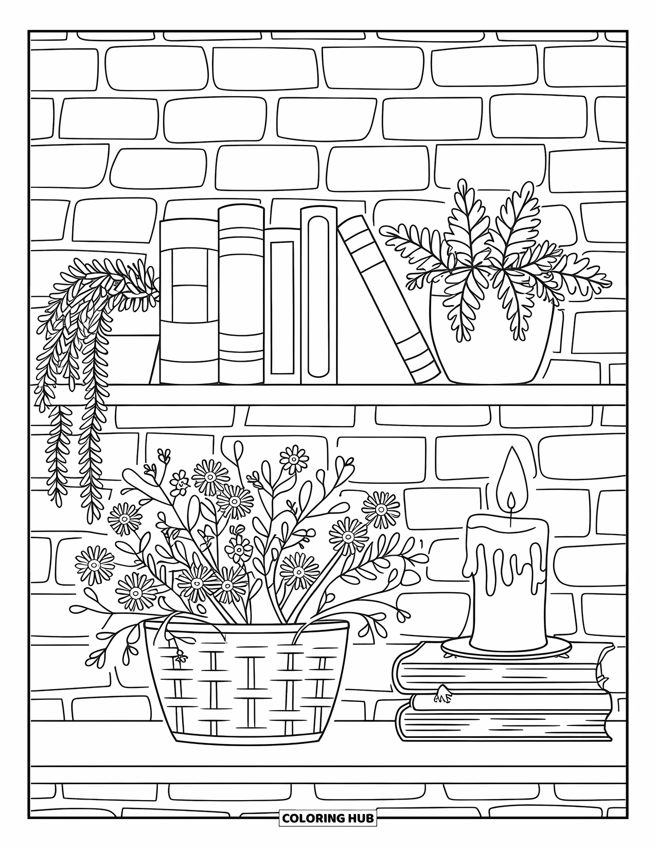 Country Coloring Page for Kids: Books, plants, and a cozy candle on a shelf against a brick wall