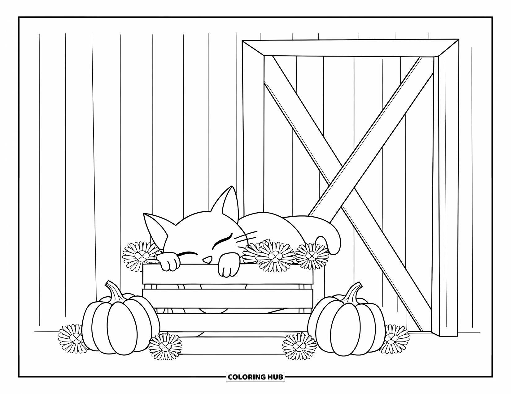 Country Coloring Page for Kids: Cat sleeping on pumpkins with marigolds beside a wooden barn wall