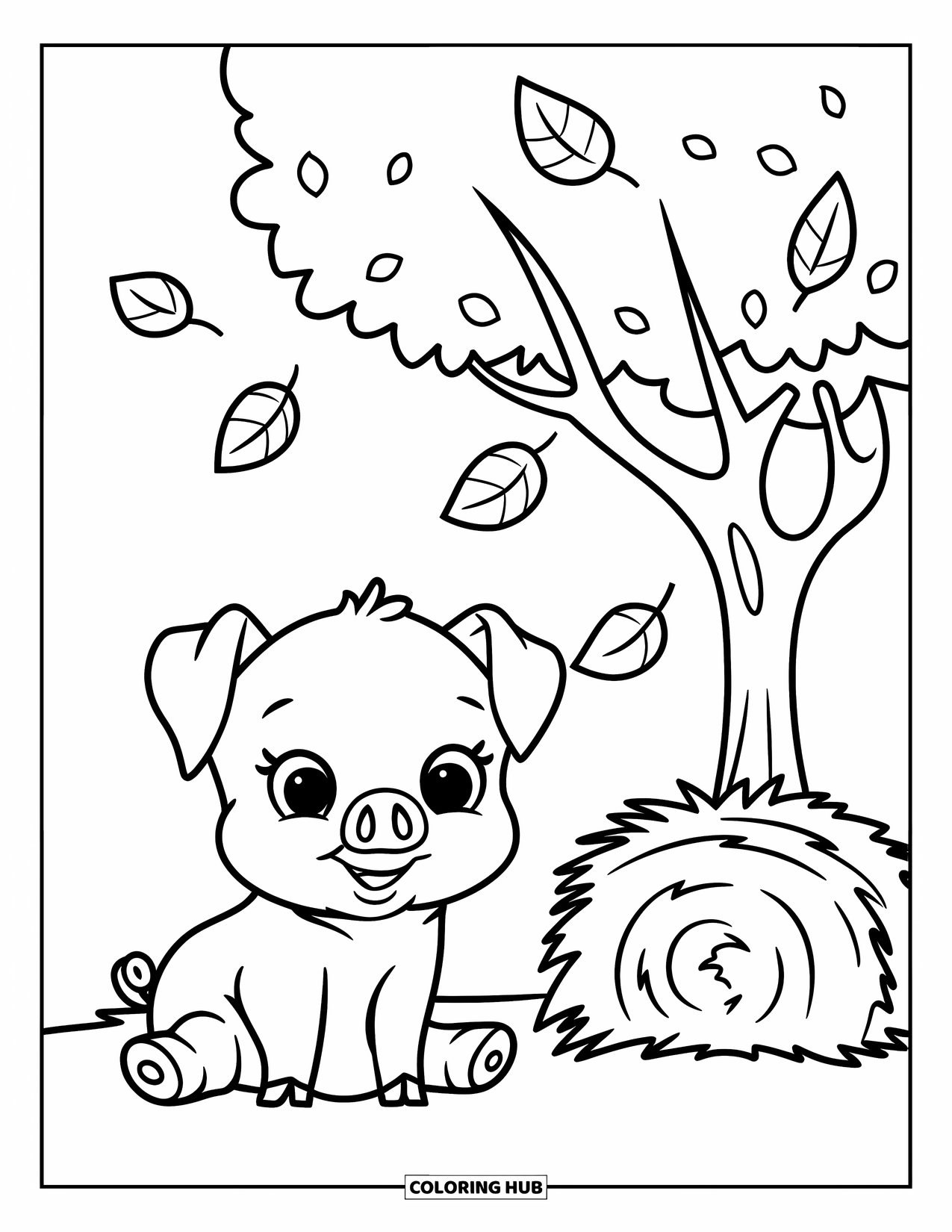 Country Coloring Page for Kids: Cheerful piglet resting near a haystack and tree on a calm day