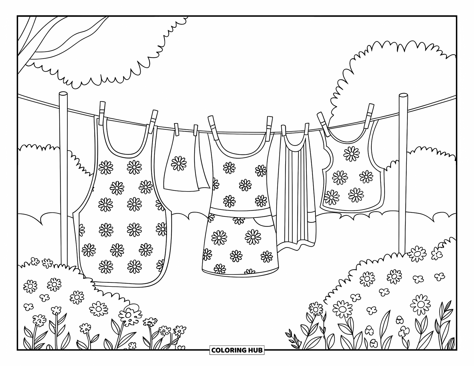 Country Coloring Page for Kids: Clothesline with floral laundry and aprons under a peaceful sky and trees
