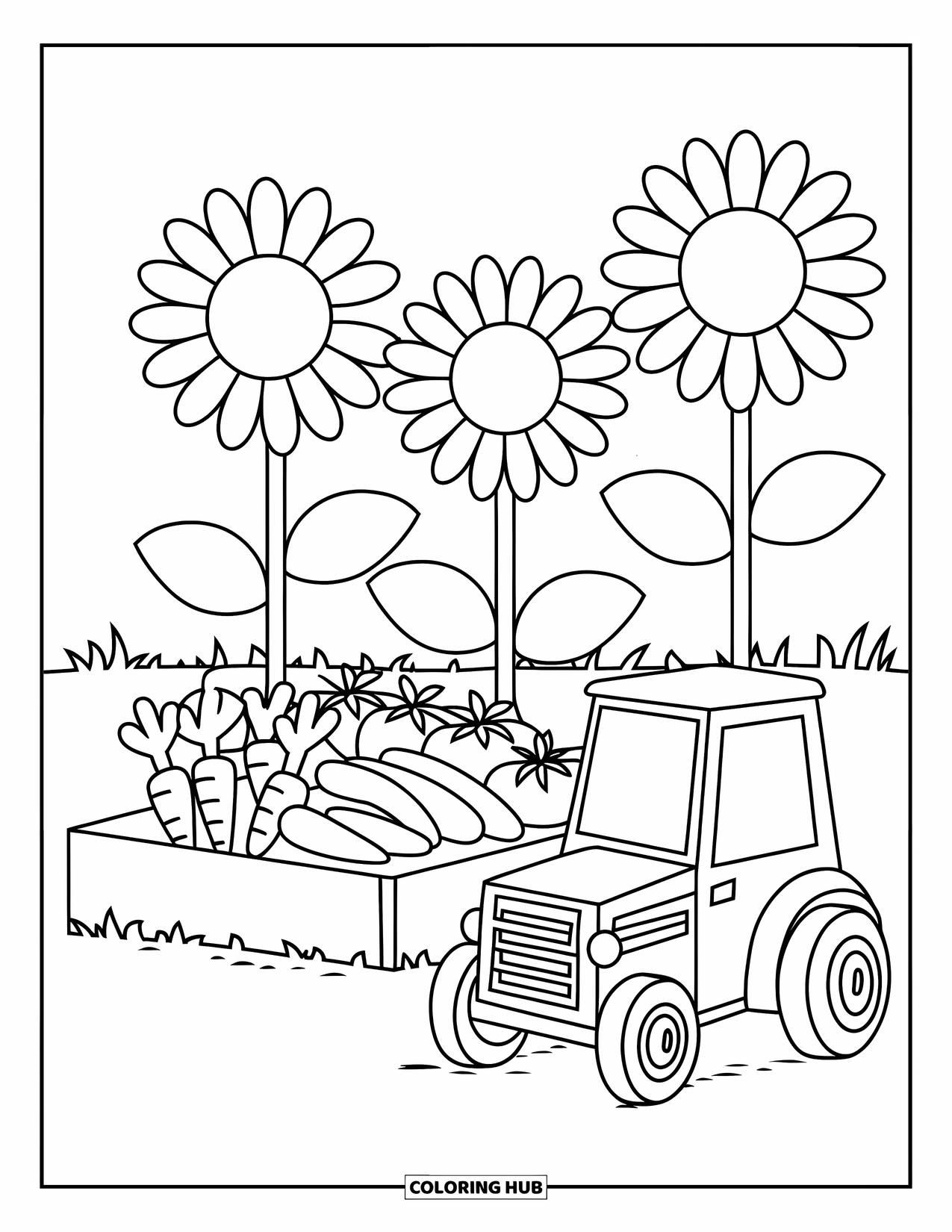 Country Coloring Page for Kids: Colorful mini tractor near sunflowers and a veggie garden