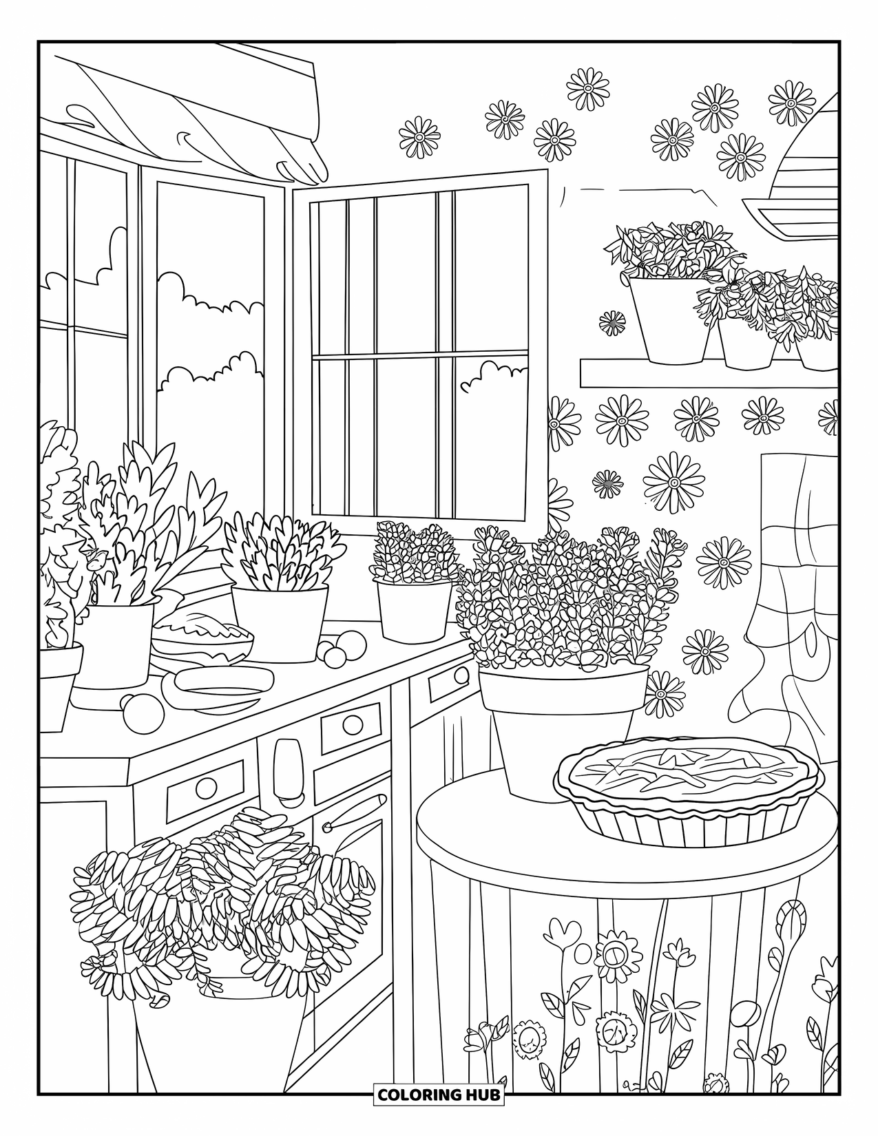 Country Coloring Page for Kids: Country kitchen with herbs, open windows, and flower details everywhere