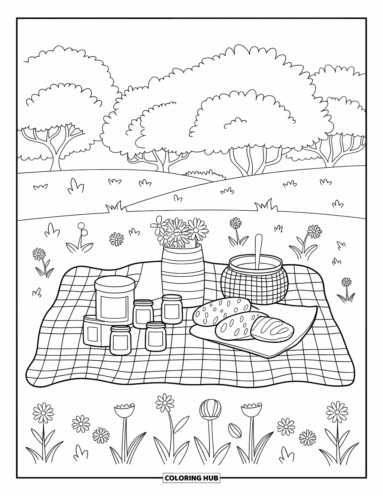 Country Coloring Page for Kids: Countryside picnic with a gingham blanket, jam jars, bread, and wildflowers