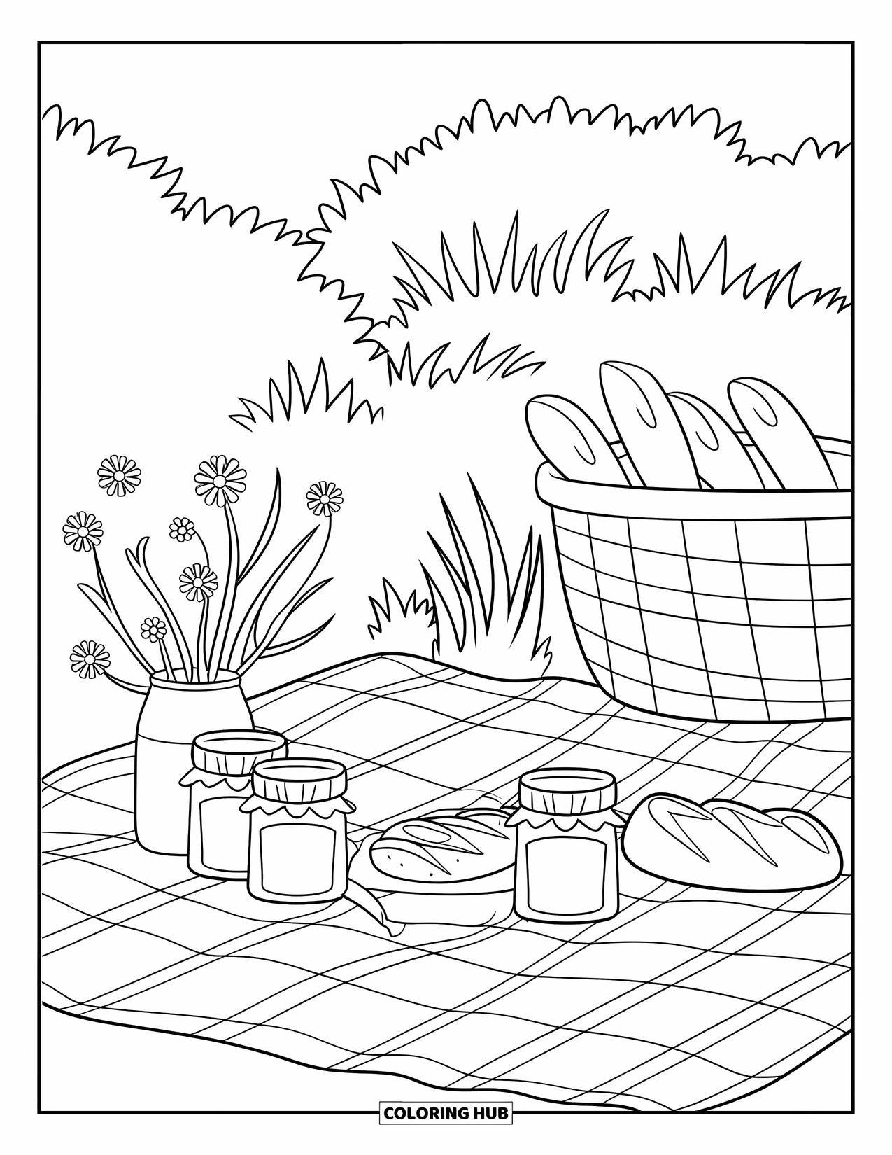 Country Coloring Page for Kids: Countryside picnic with bread, jam, wildflowers, and green views