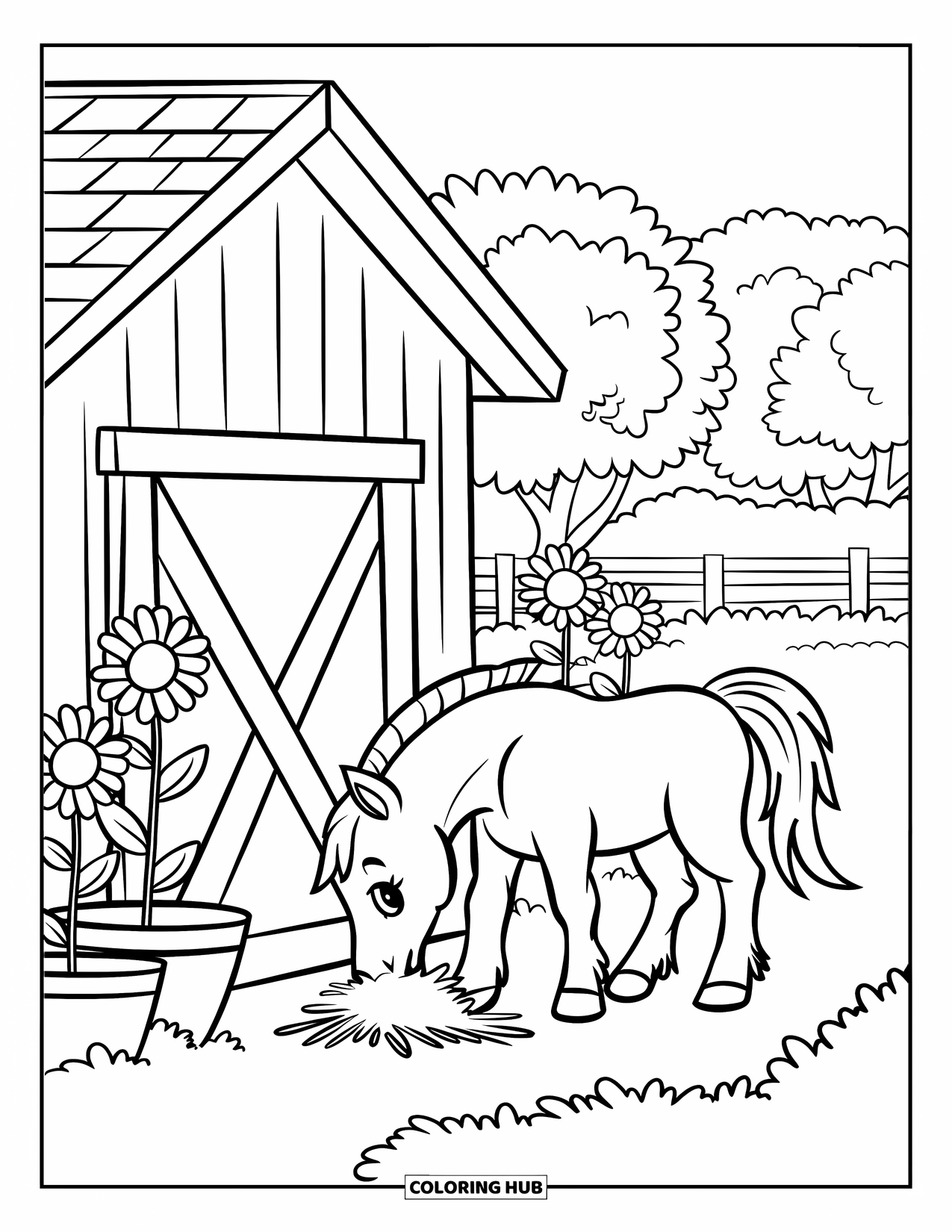 Country Coloring Page for Kids: Cute foal munching hay near a barn with flowers and trees