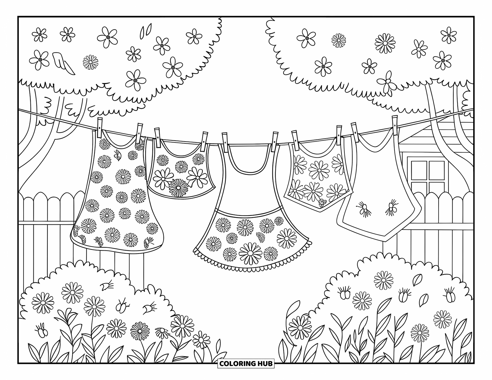 Country Coloring Page for Kids: Floral laundry hanging between trees with flowers, insects, and a nearby fence and house